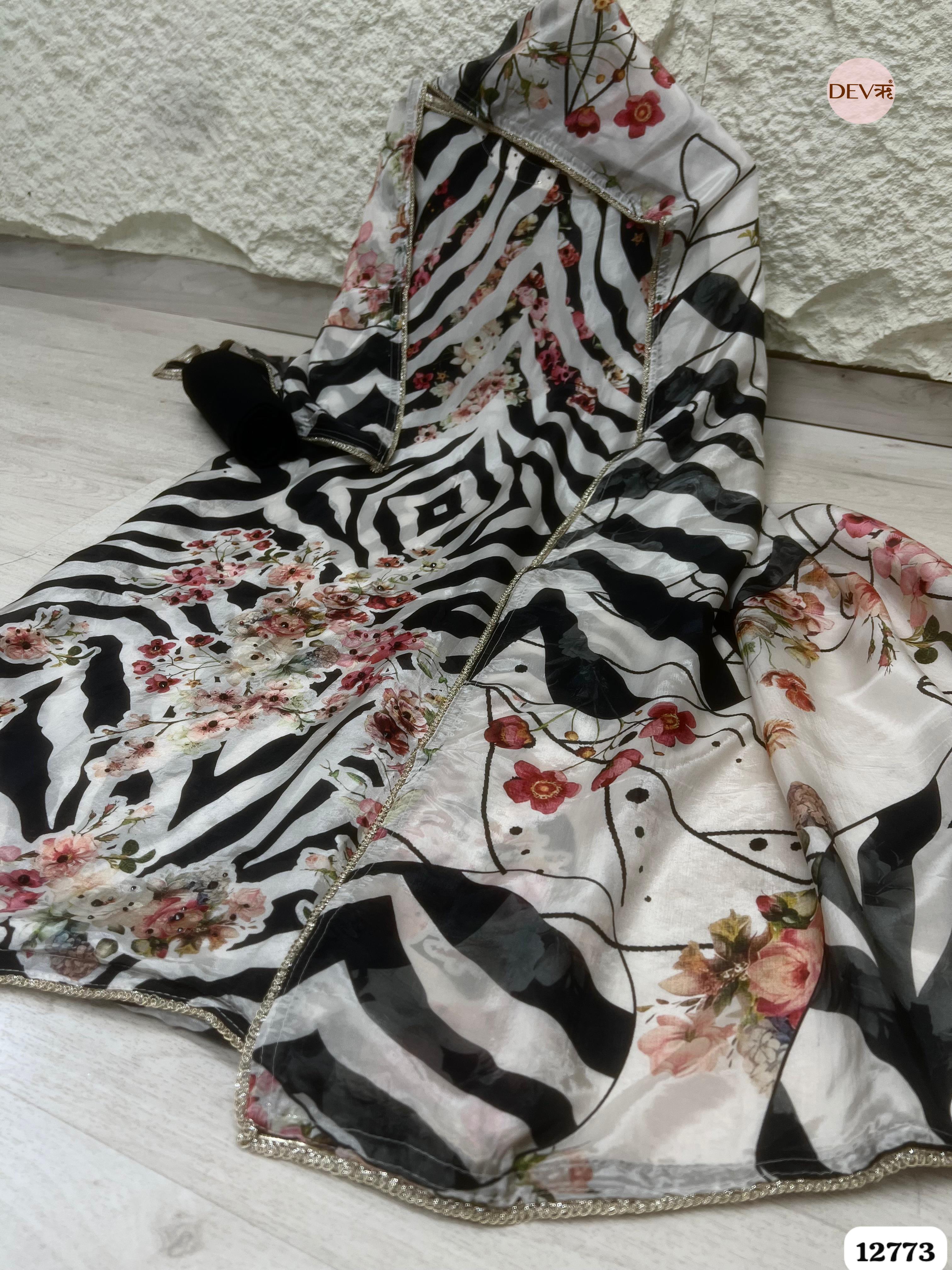 Black & White Organza Silk Printed Unstitched 3-Piece Suit (Devri – D.No 12773)