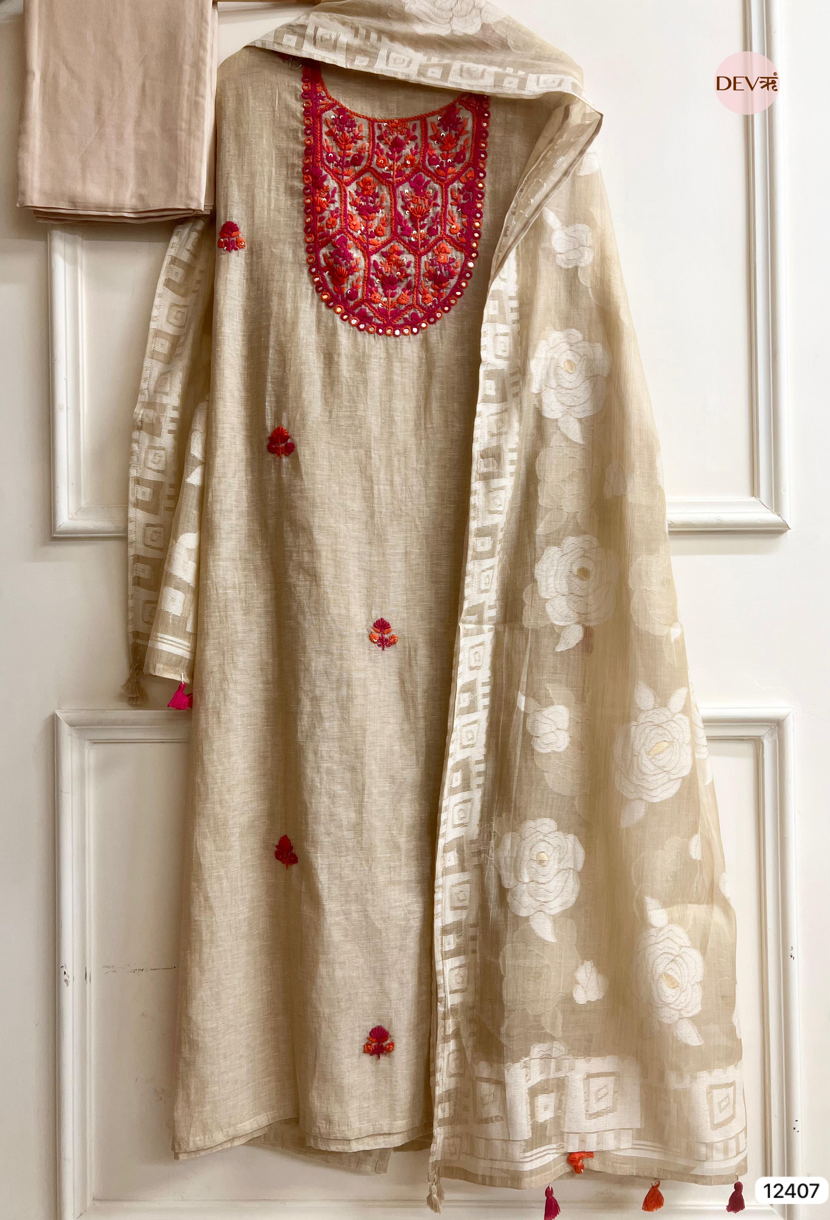 Beige Mul Chanderi Embroidered Unstitched 3-Piece Suit (Devri – D.No 12407)