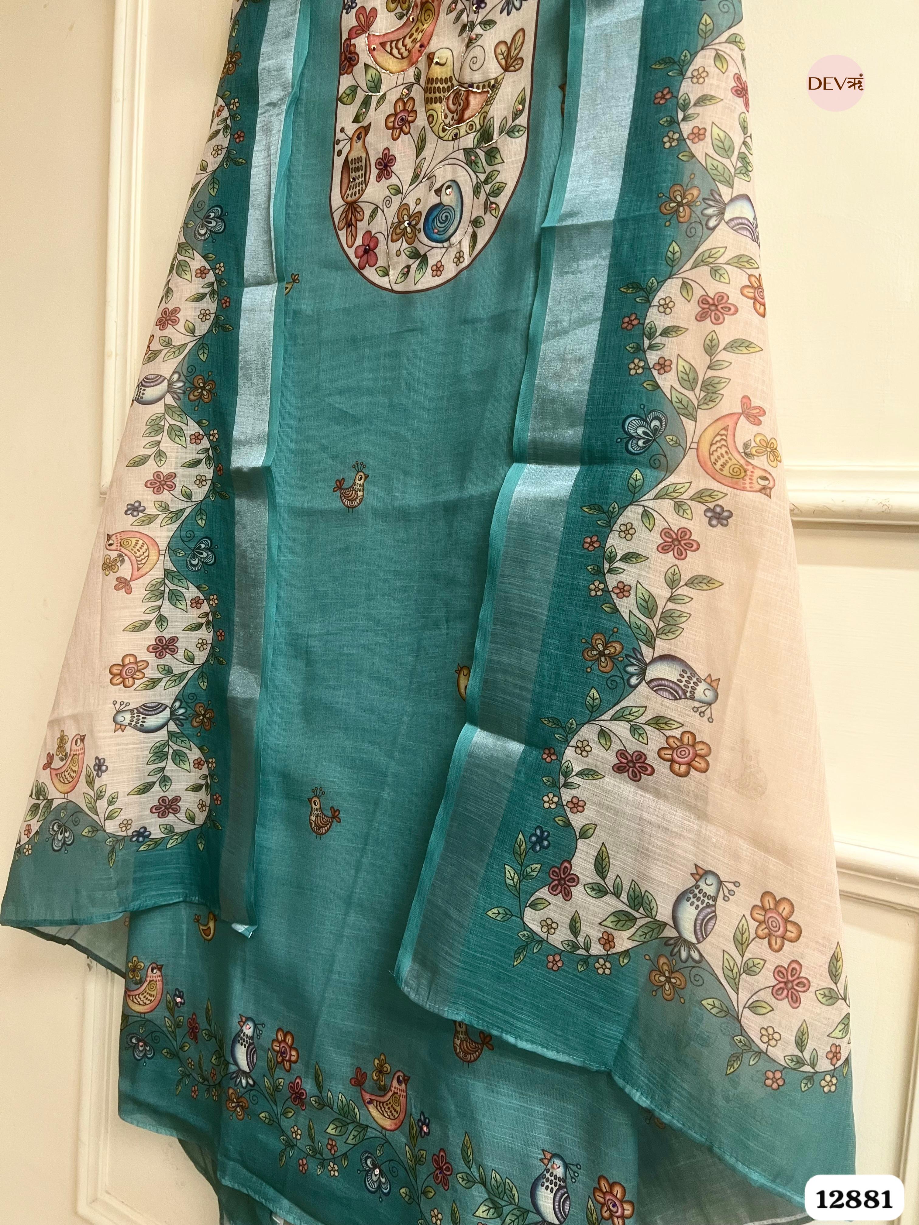 Teal Blue Linen Cotton Printed Unstitched 3-Piece Suit (Devri – D.No 12881)