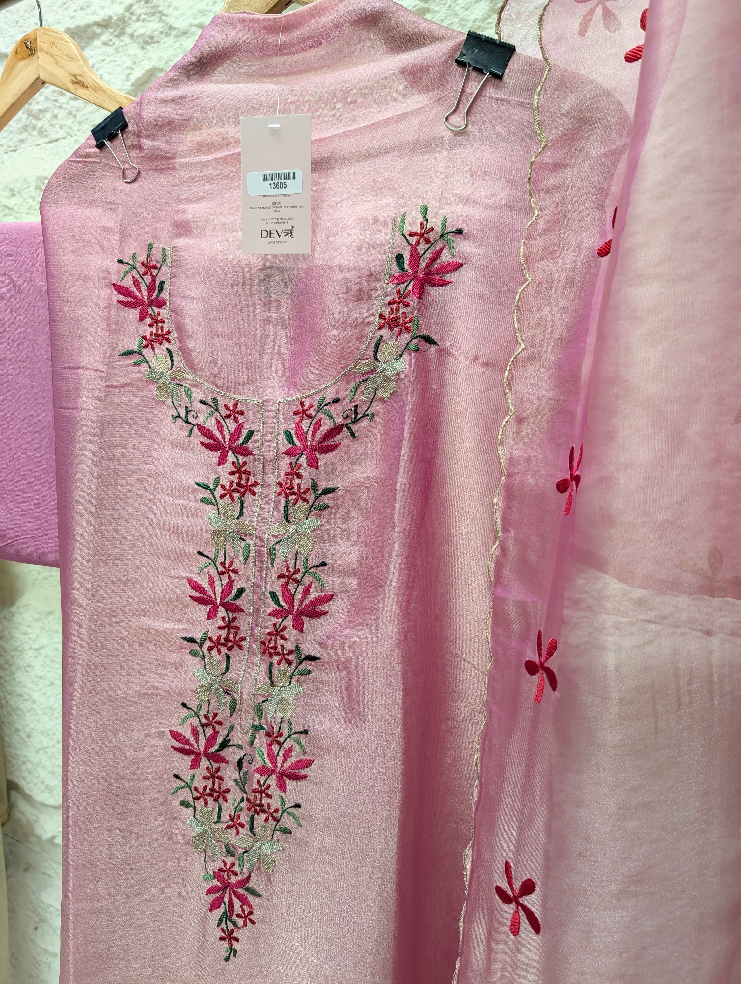 Pink Crush Tissue Silk Embroidered Unstitched 3-Piece Suit (Devri – D.No 13605)