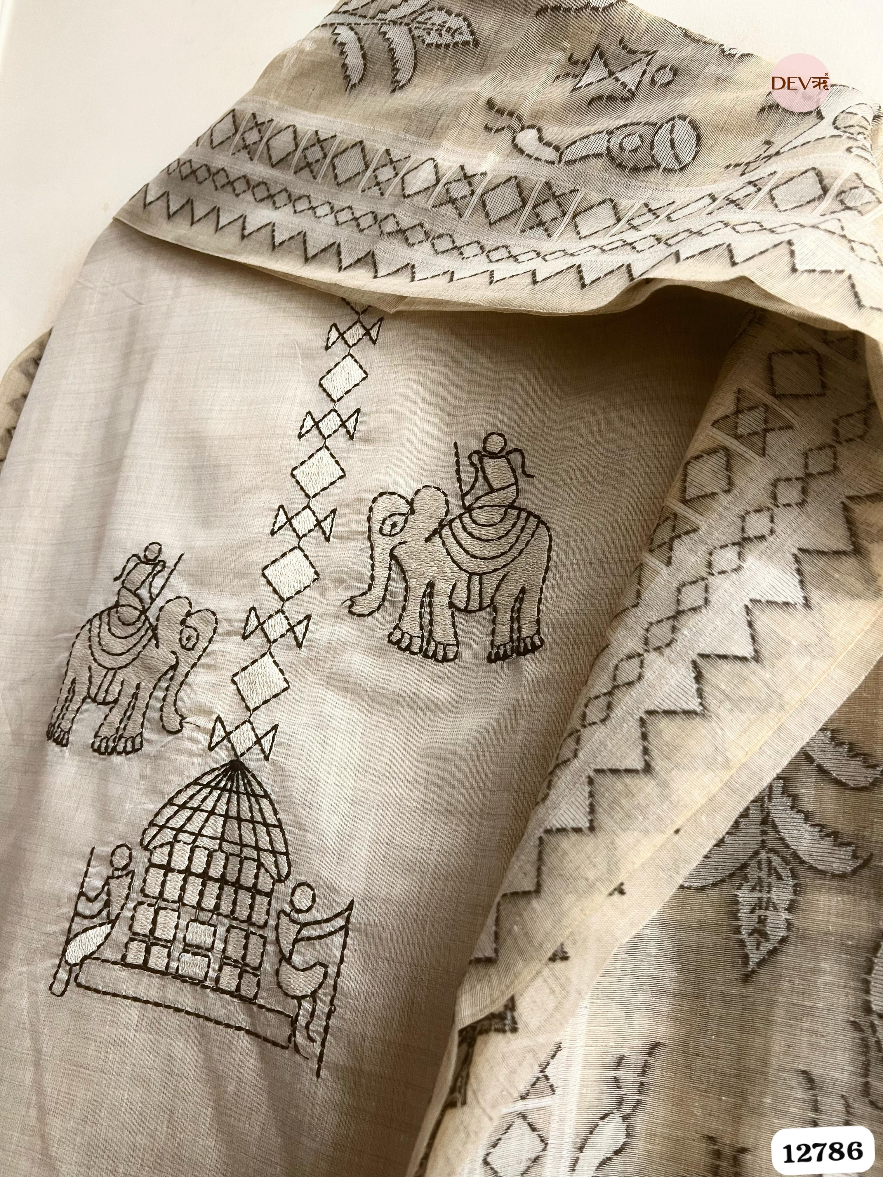 Beige Mul Chanderi Printed Unstitched 3-Piece Suit (Devri – D.No 12786)