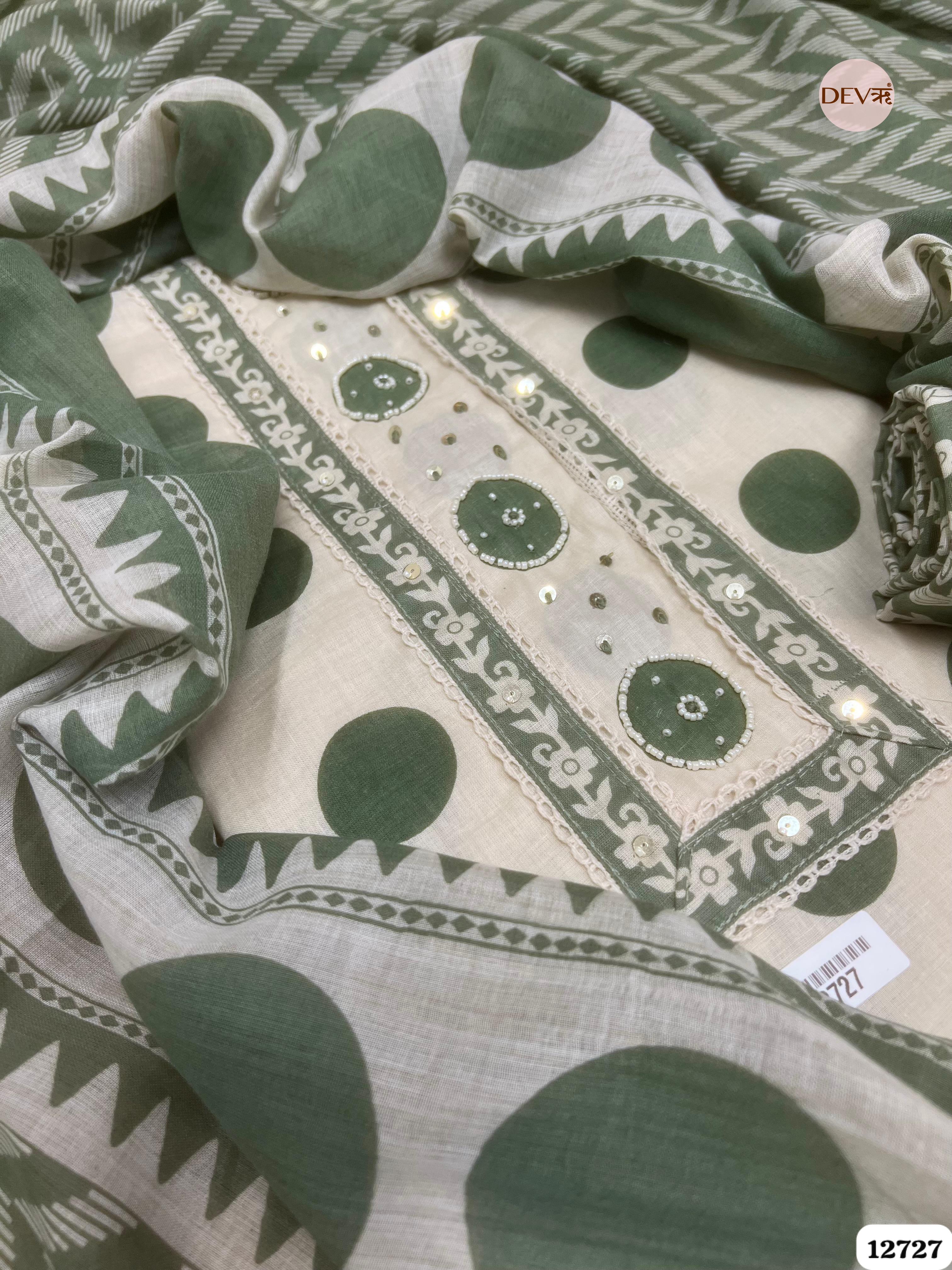 Sage Green Cotton Printed Unstitched 3-Piece Suit (Devri – D.No 12727)
