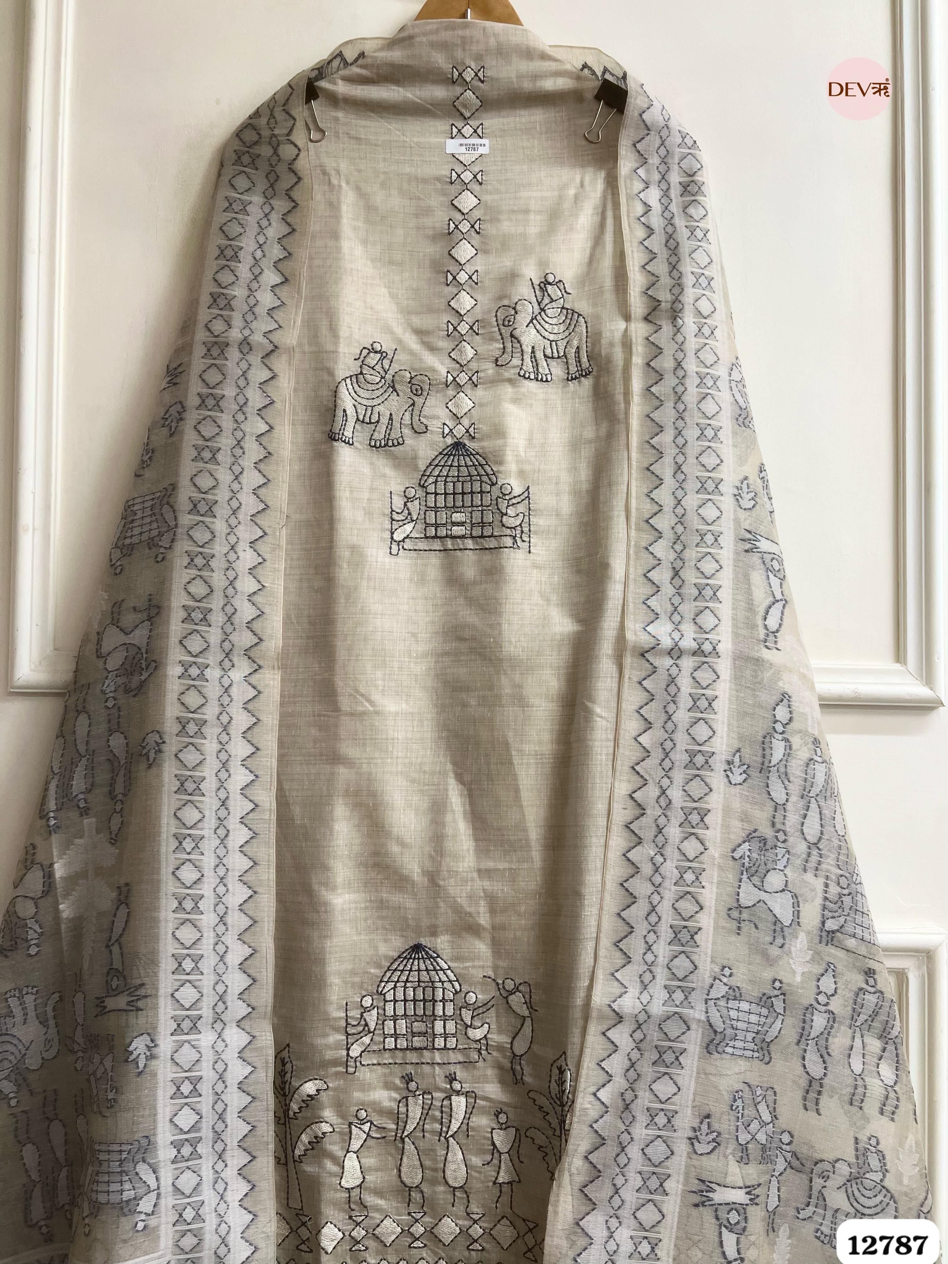 Beige Mul Chanderi Embroidered Unstitched 3-Piece Suit (Devri – D.No 12787)
