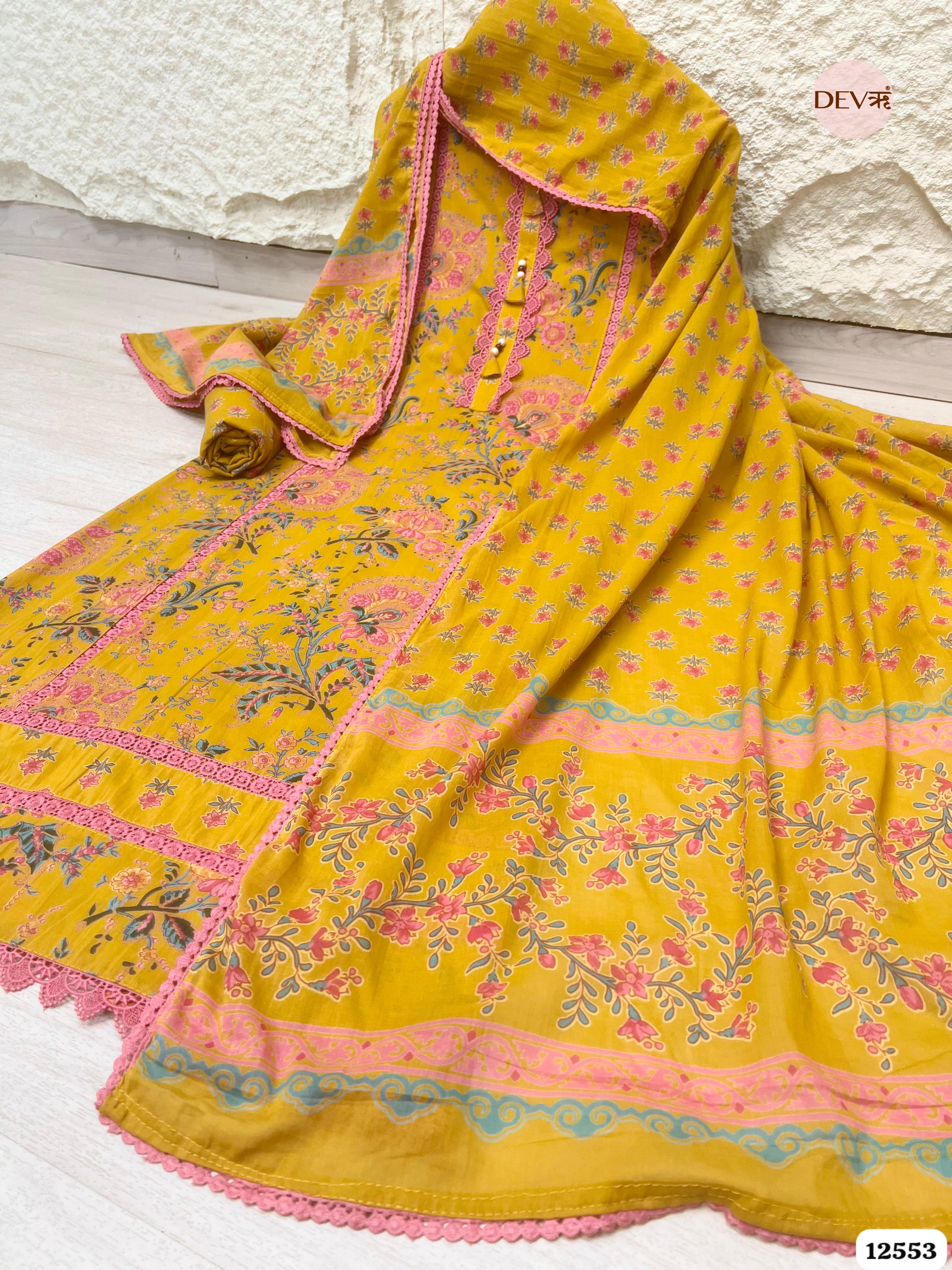 Mustard Pure Cotton Printed Unstitched 3-Piece Suit (Devri – D.No 12553)