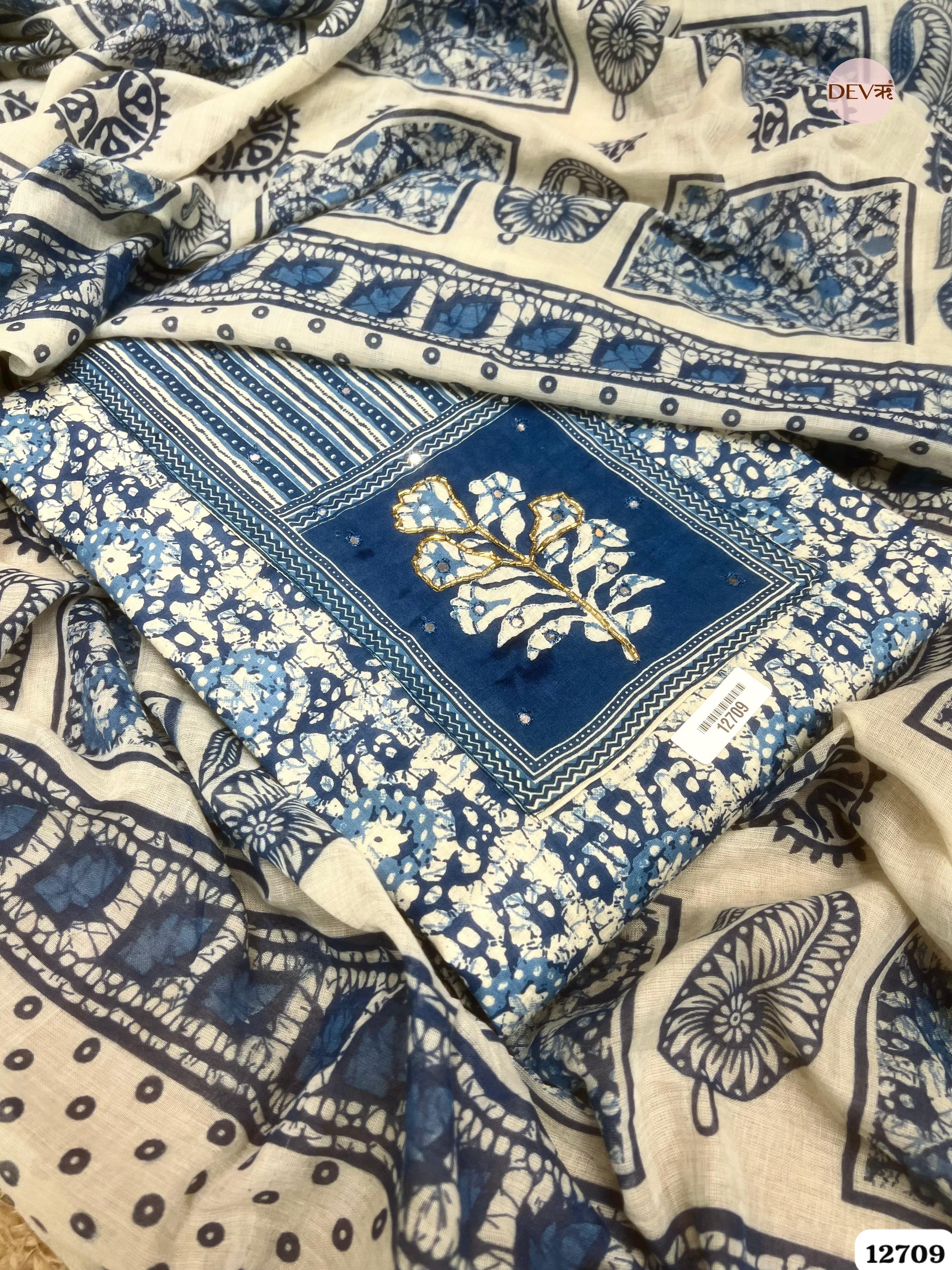 Indigo Blue Cotton Printed Unstitched 3-Piece Suit (Devri – D.No 12709)