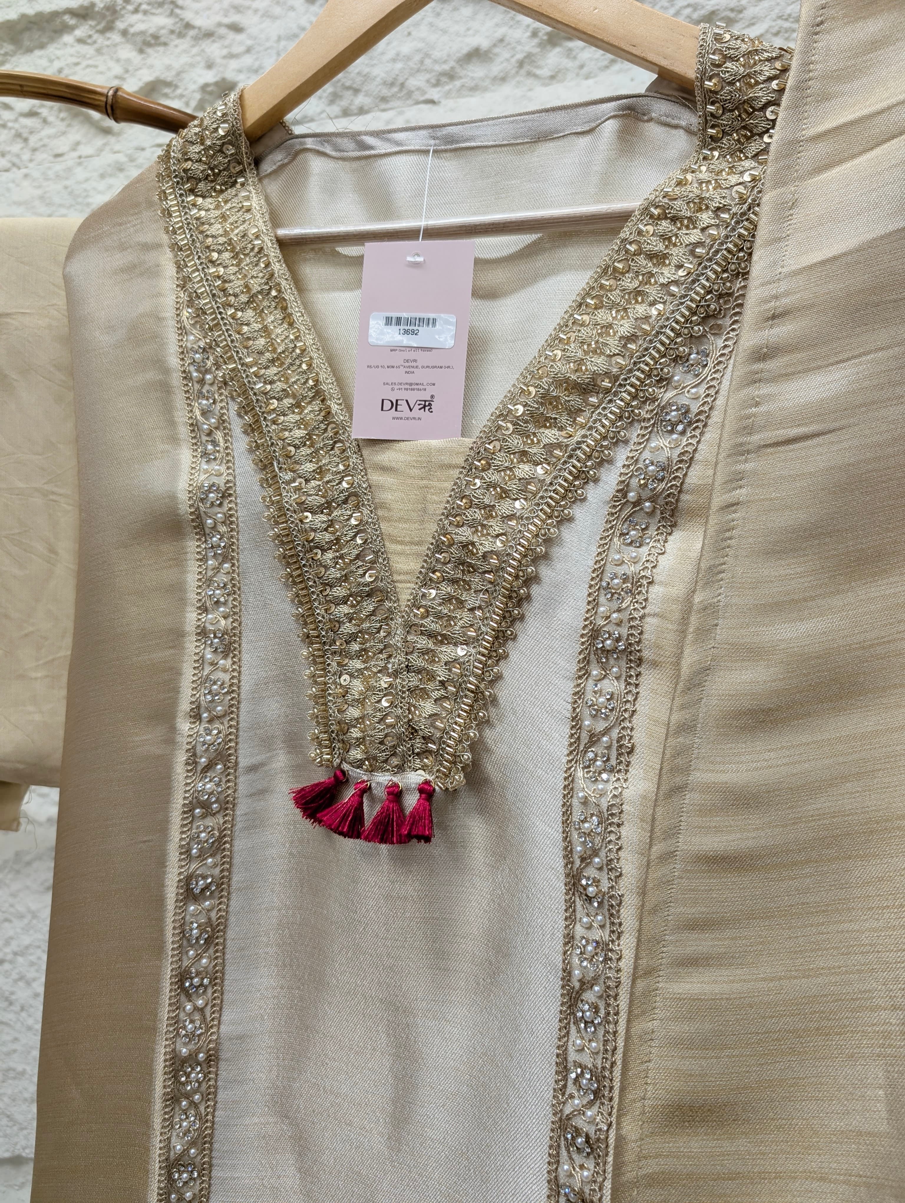 Cream Tissue Slik Embroidered Unstitched 3-Piece Suit (Devri – D.No 13692)