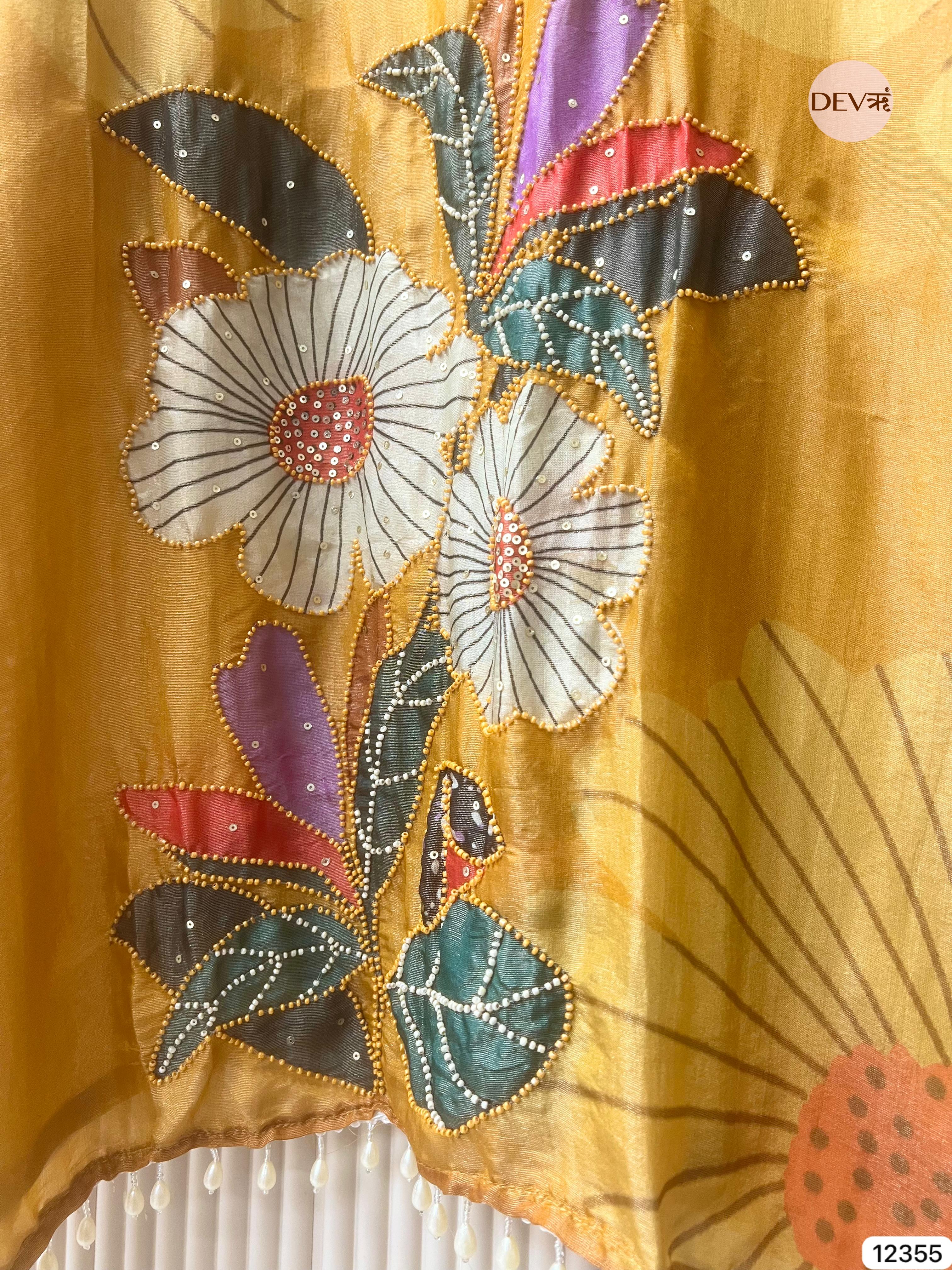 Mustard Yellow Shimmer Silk Printed Unstitched 3-Piece Suit (Devri – D.No 12355)