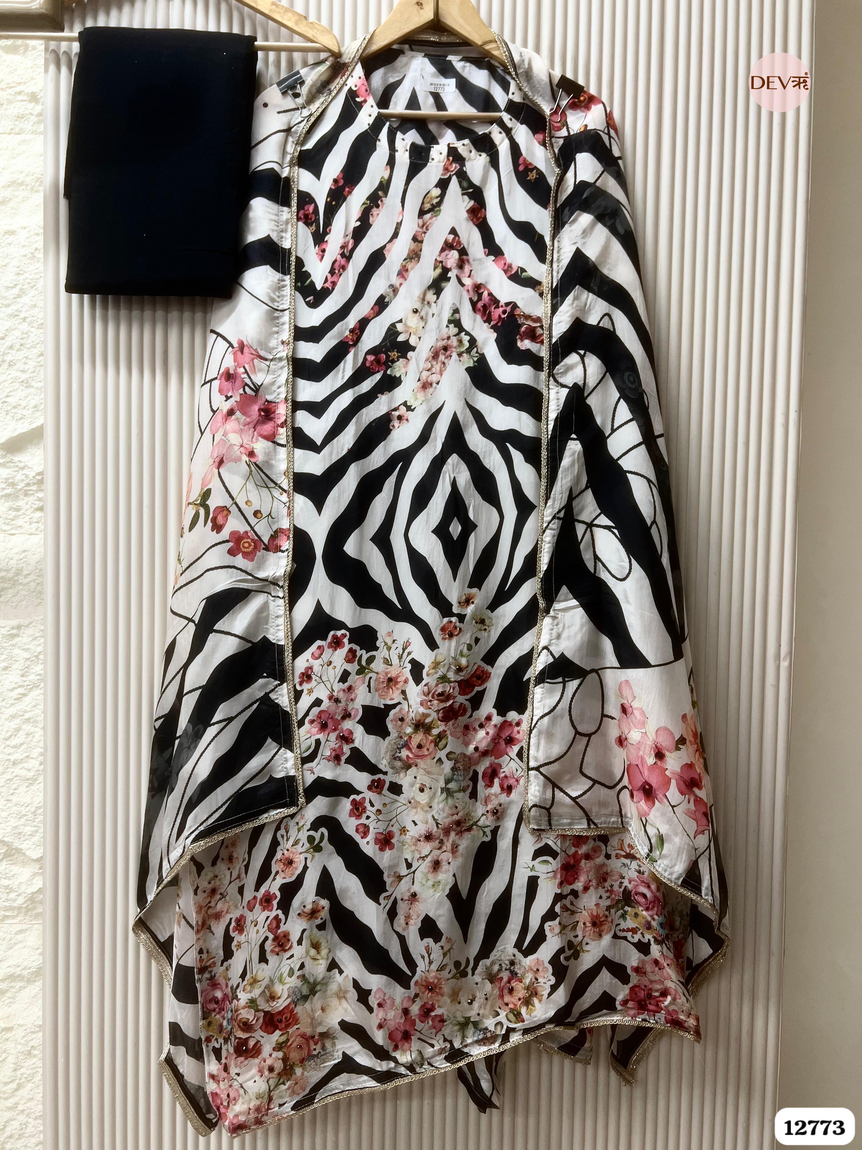 Black & White Organza Silk Printed Unstitched 3-Piece Suit (Devri – D.No 12773)