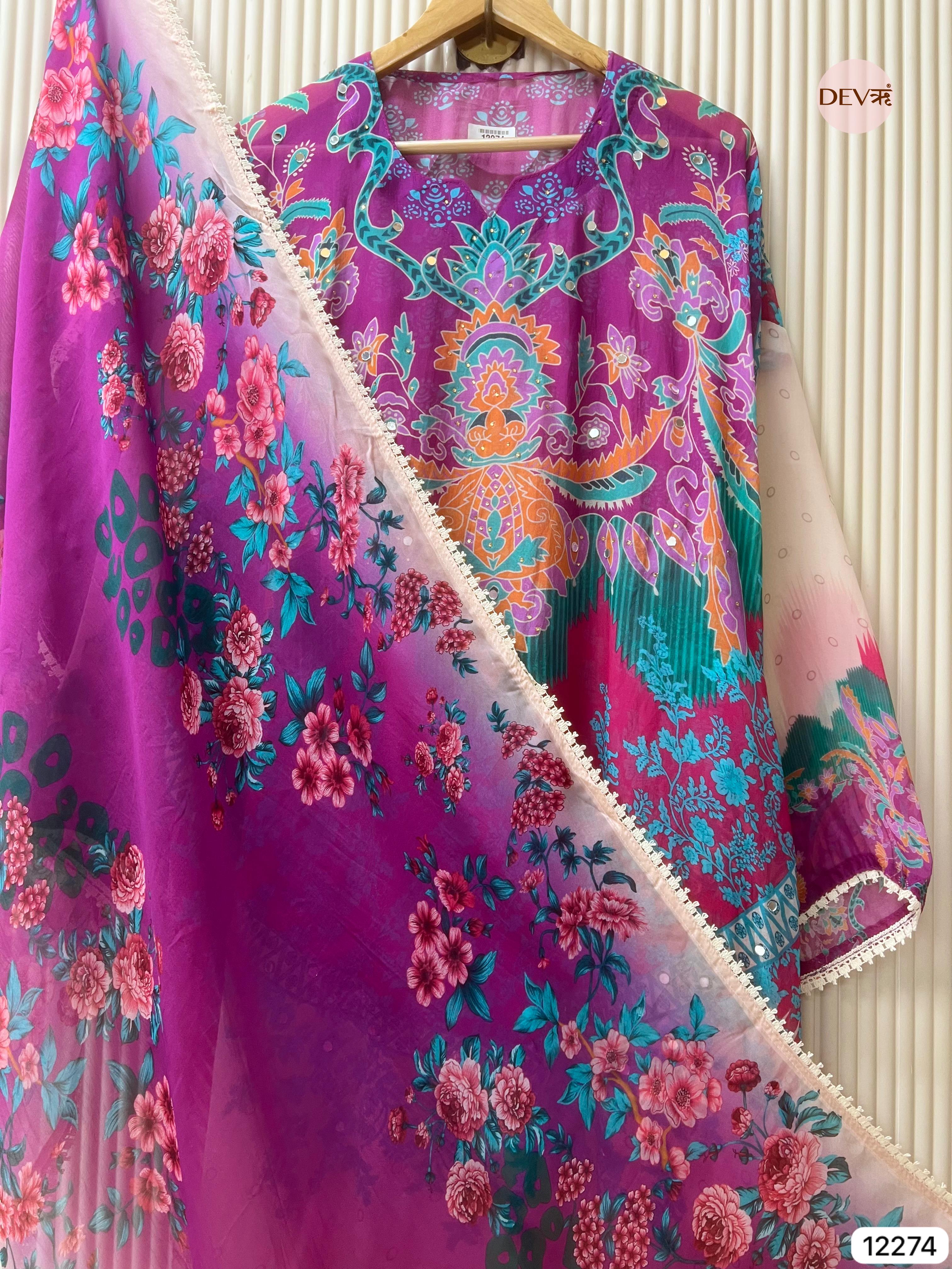 Purple Organza Printed Unstitched 3-Piece Suit (Devri – D.No 12274)