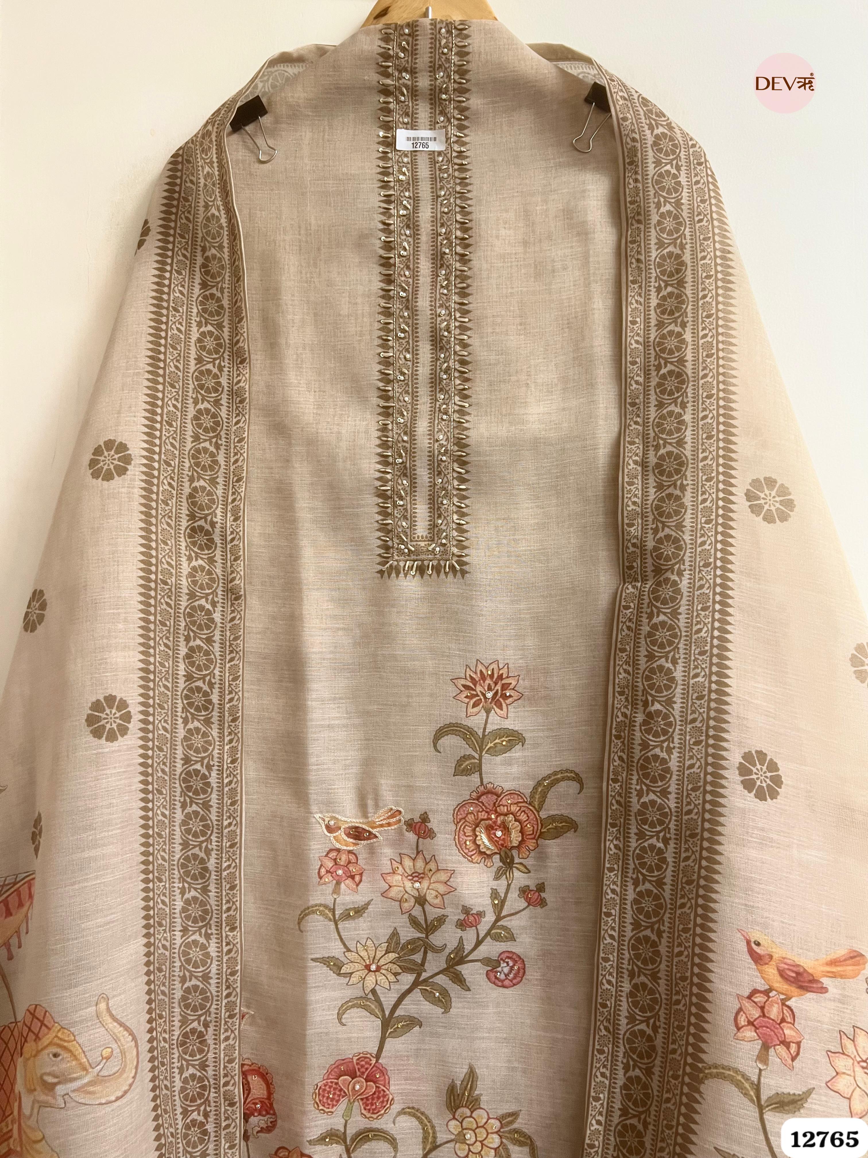 Beige Linen Cotton Embroidered Unstitched 3-Piece Suit (Devri – D.No 12765)