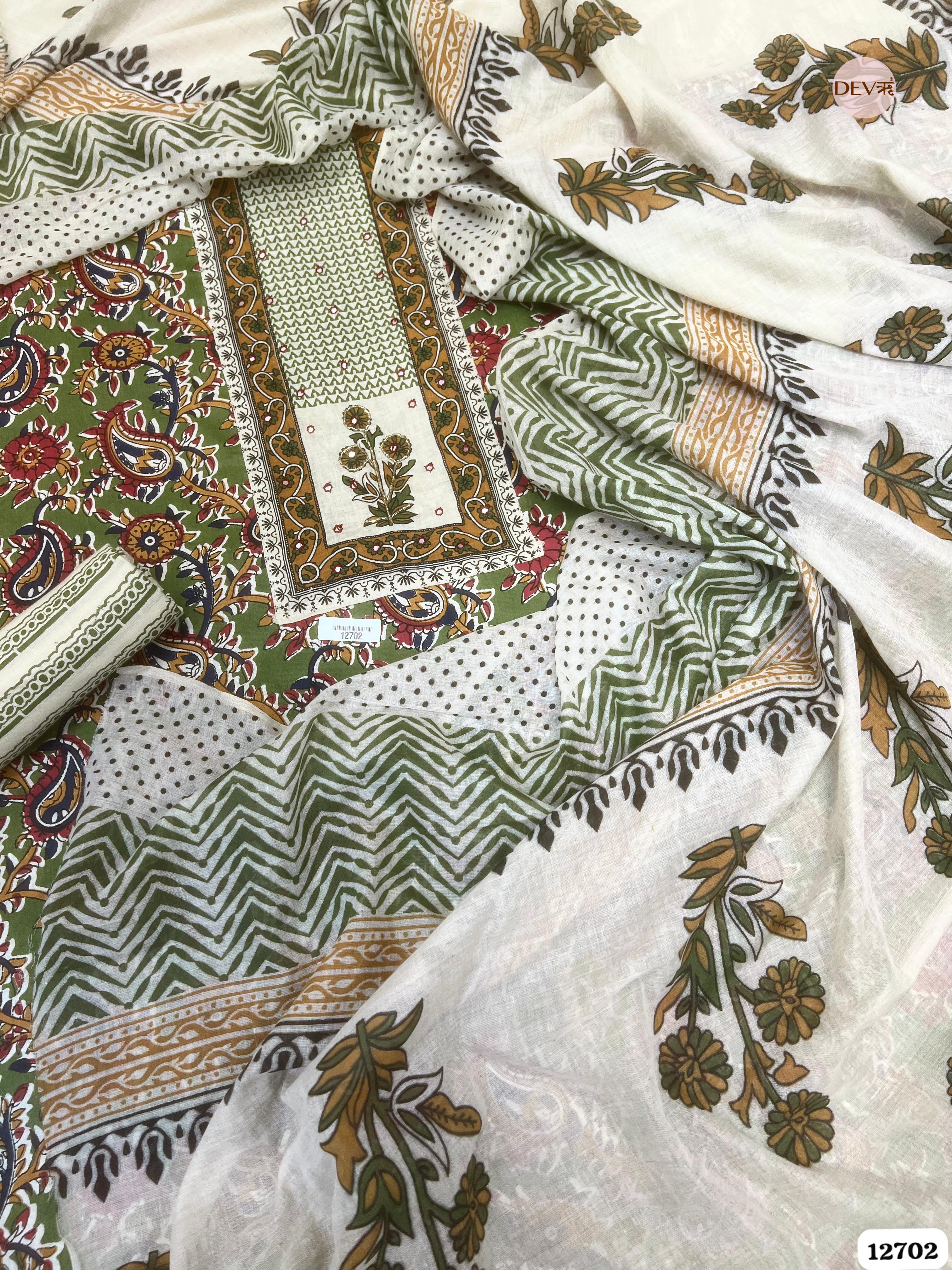 Green & White Cotton Printed Unstitched 3-Piece Suit (Devri – D.No 12702)