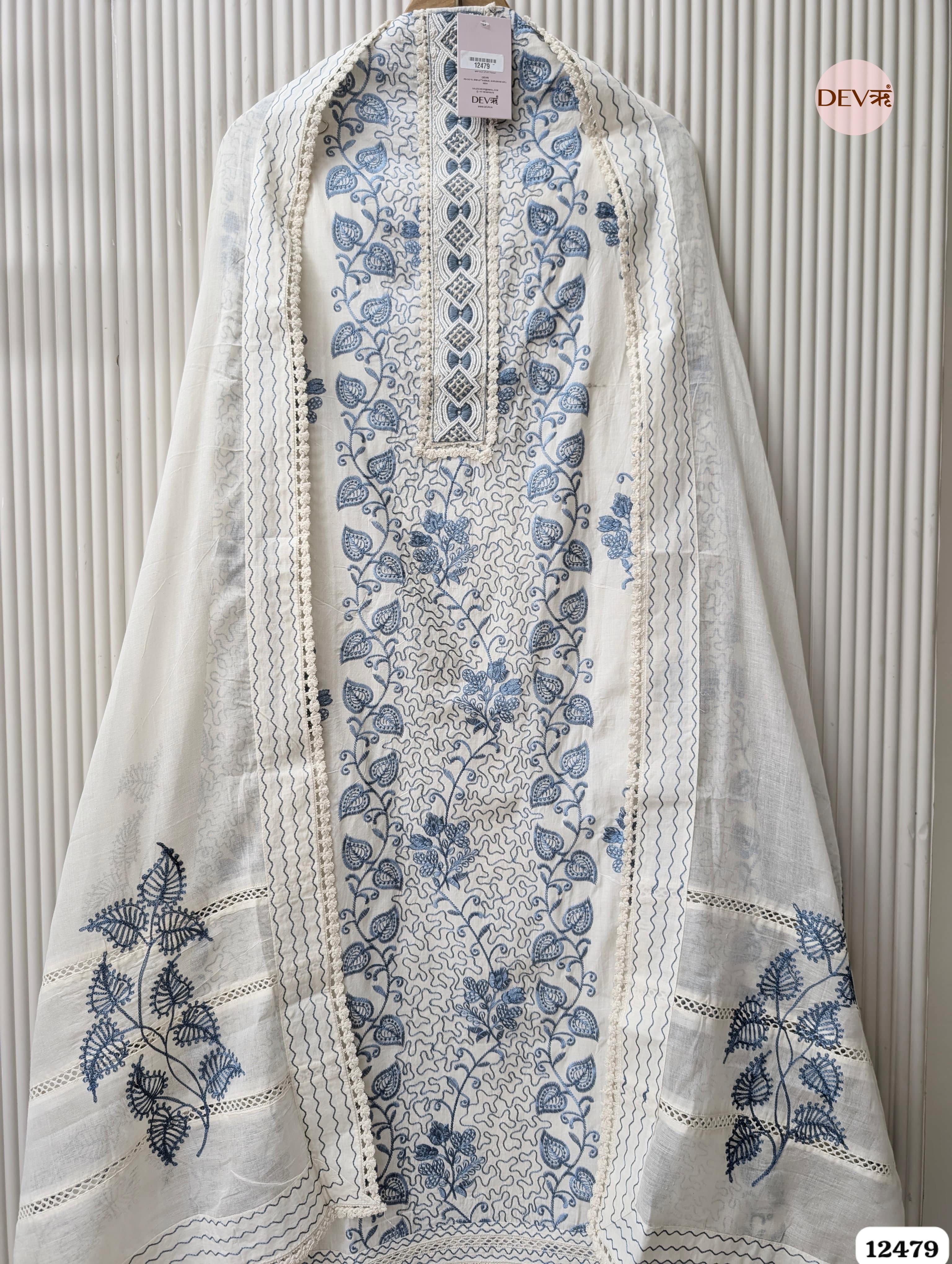 Teal Blue & White Pure Cotton Embroidered Unstitched 3-Piece Suit (Devri – D.No 12479)