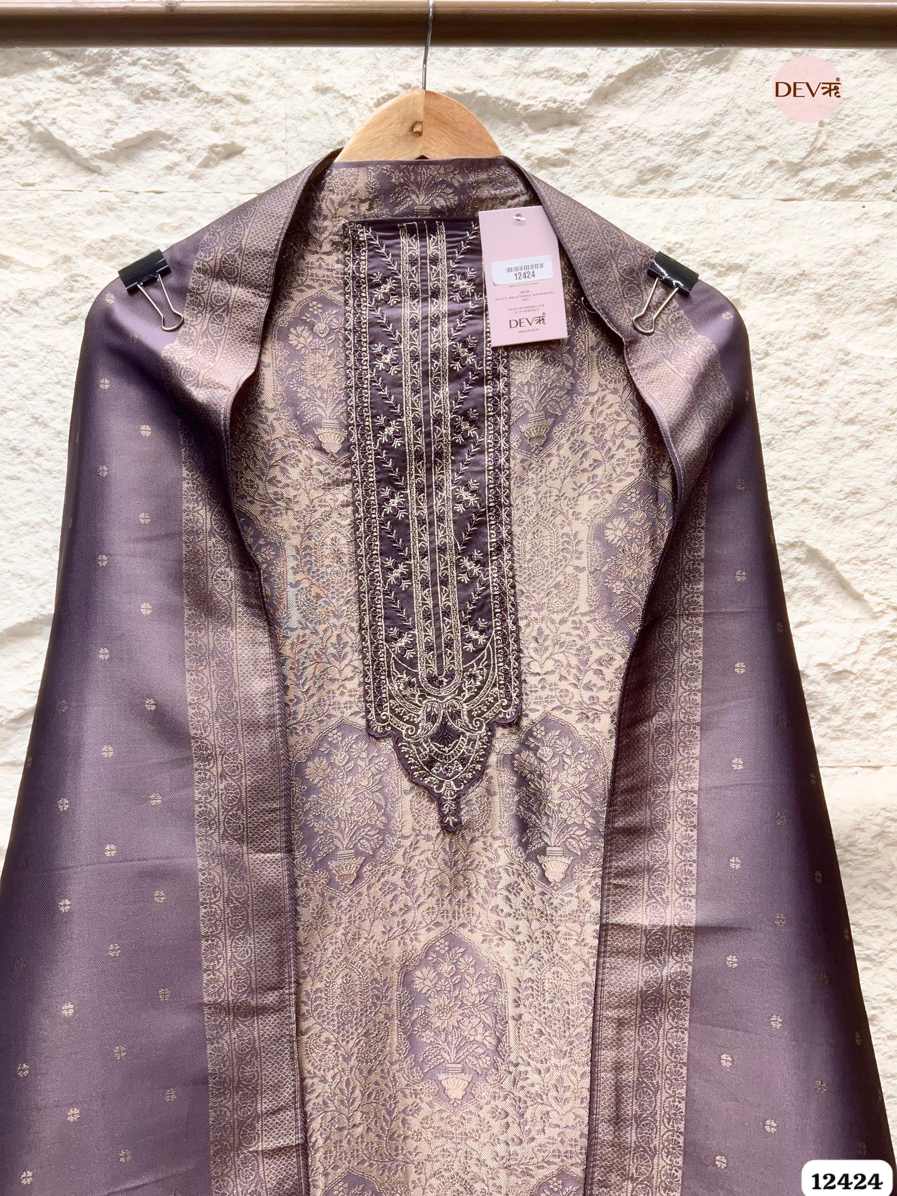 Dusty Mauve Banarasi Silk Printed Unstitched 3-Piece Suit (Devri – D.No. 12424)