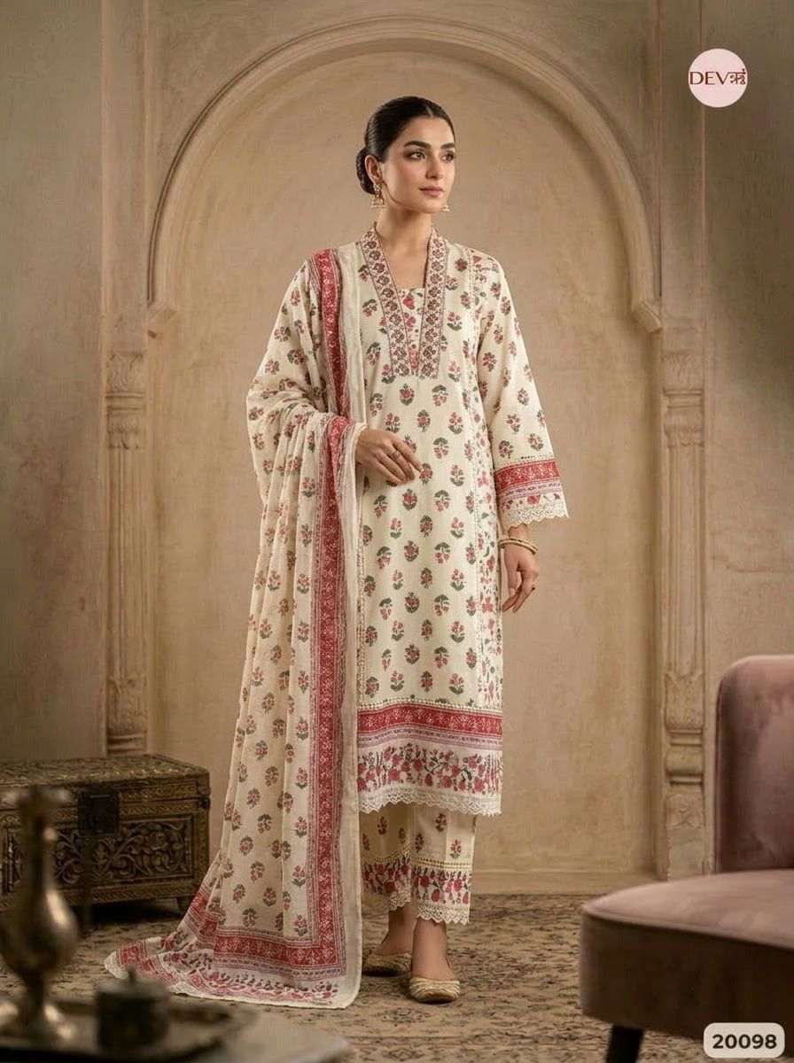 Advika Cotton Printed Ivory 3-Piece Set (Devri – D.No 20098)
