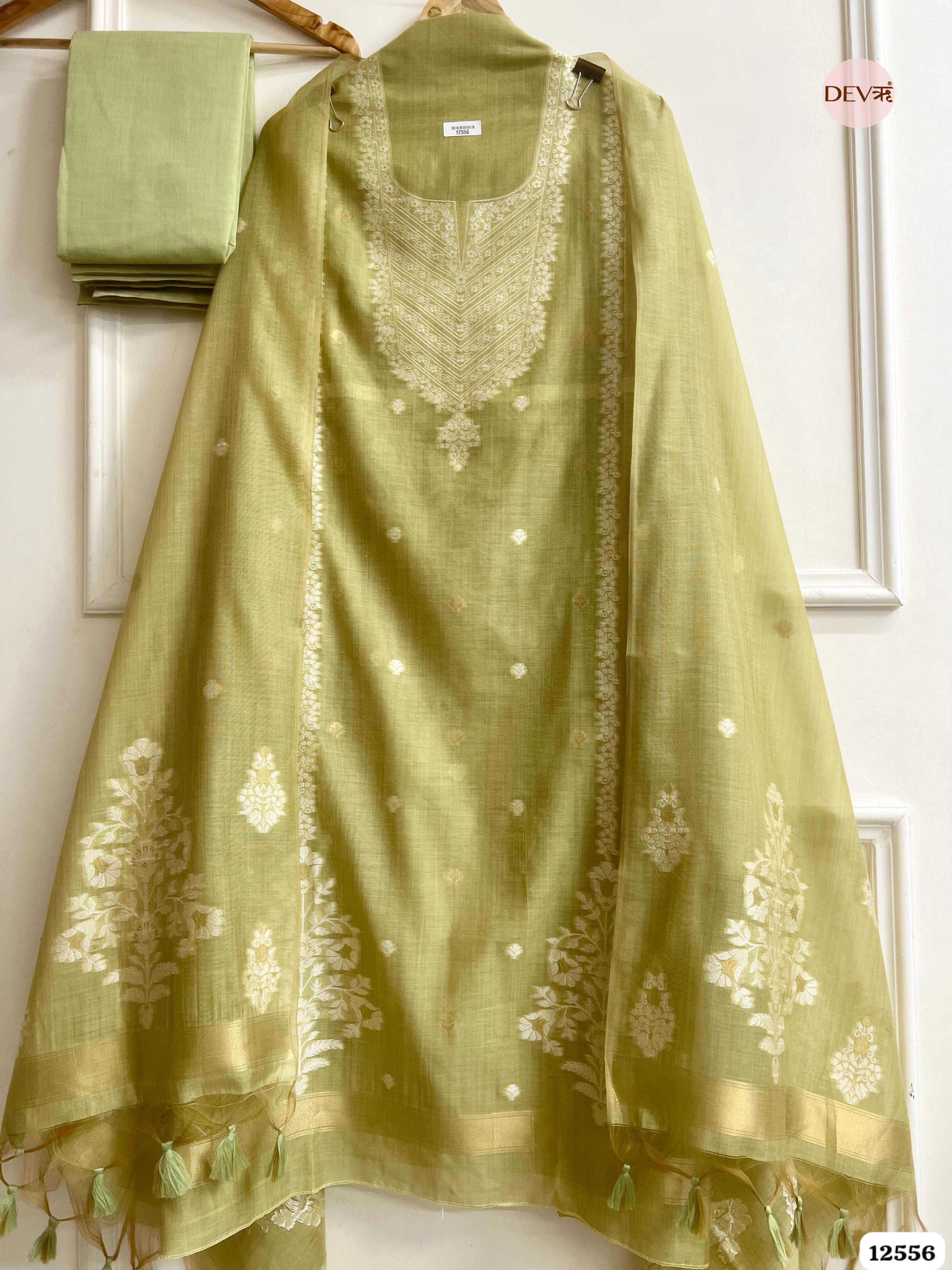 Lime Green Jamdani Embroidered Unstitched 3-Piece Suit (Devri – D.No 12556)