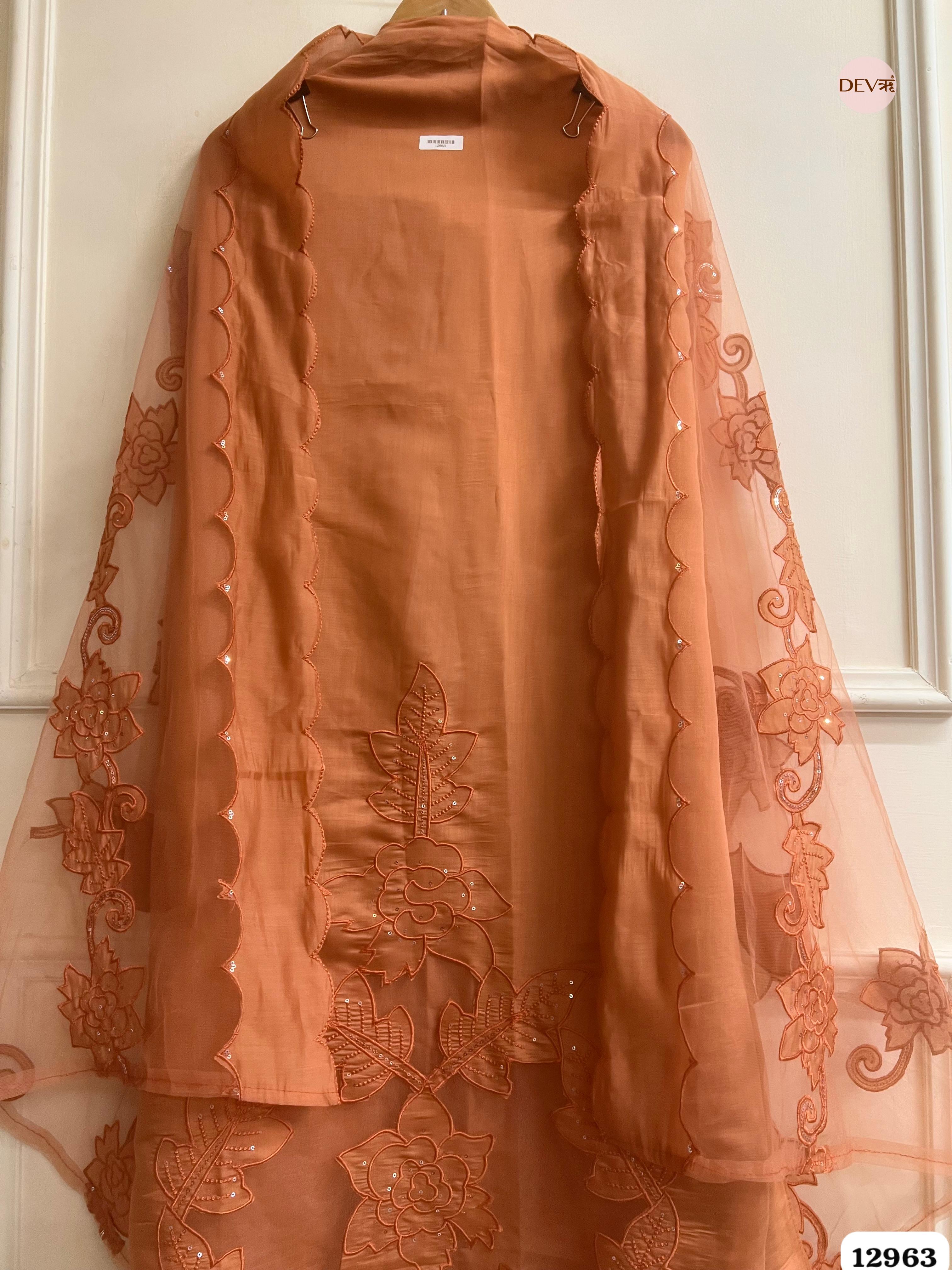 Peach Roman Silk Embroidered Unstitched 3-Piece Suit (Devri – D.No 12963)