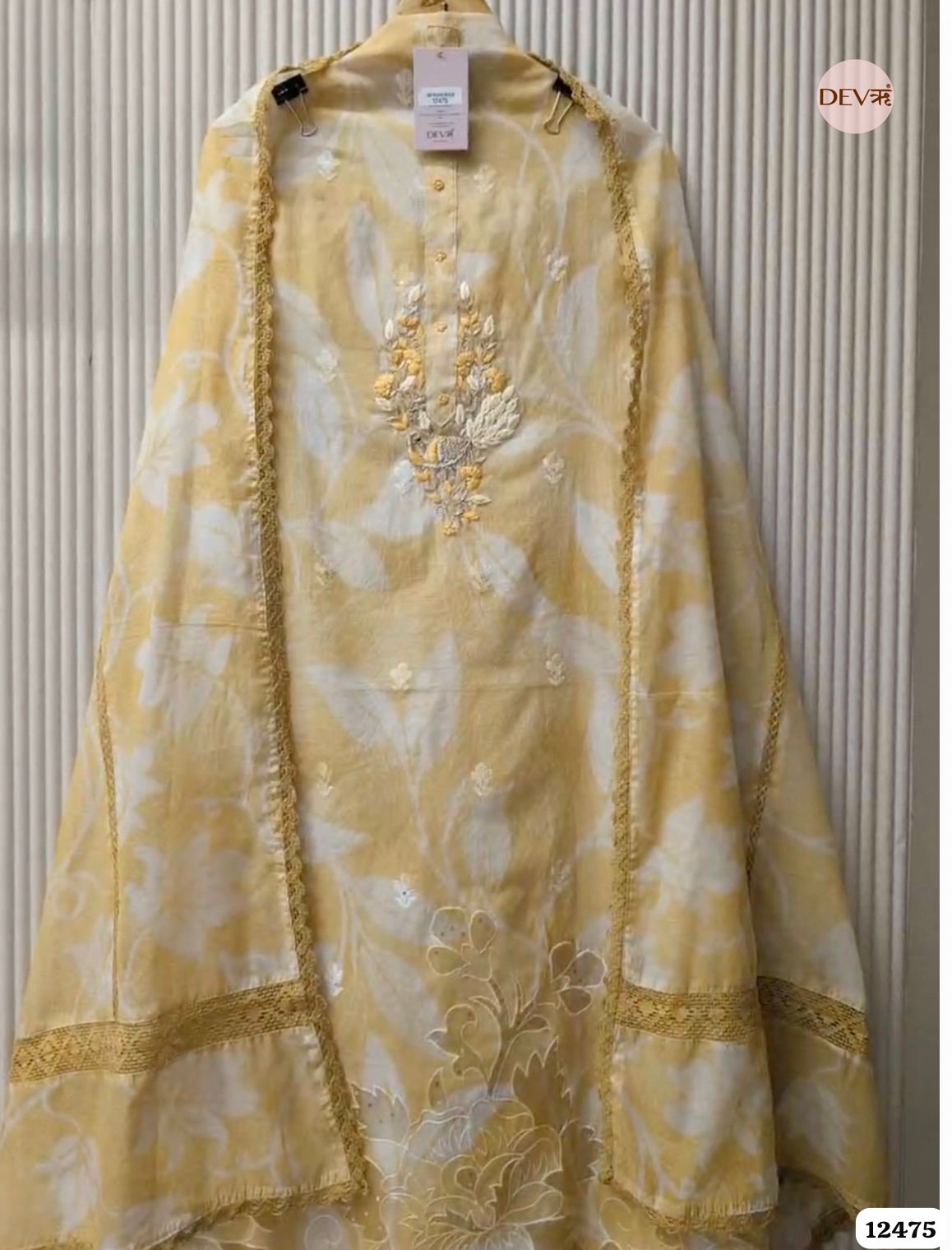 Soft Mustard Mul Chanderi Embroidered Unstitched 3-Piece Suit (Devri – D.No. 12475)