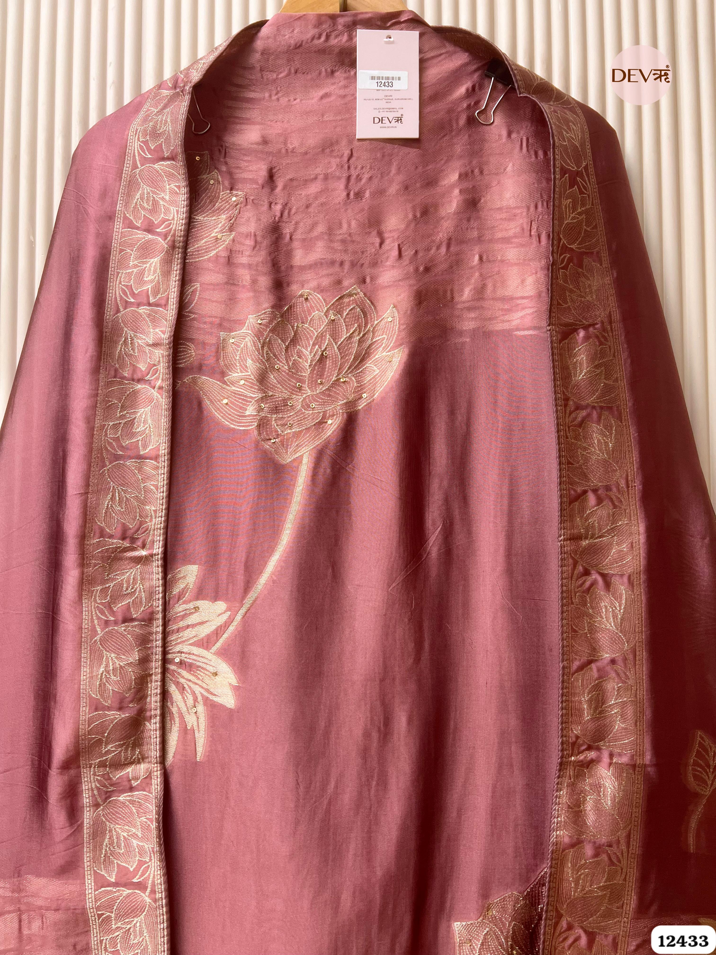 Dusty Rose Banarasi Silk Embroidered Unstitched 3-Piece Suit (Devri – D.No .12433)