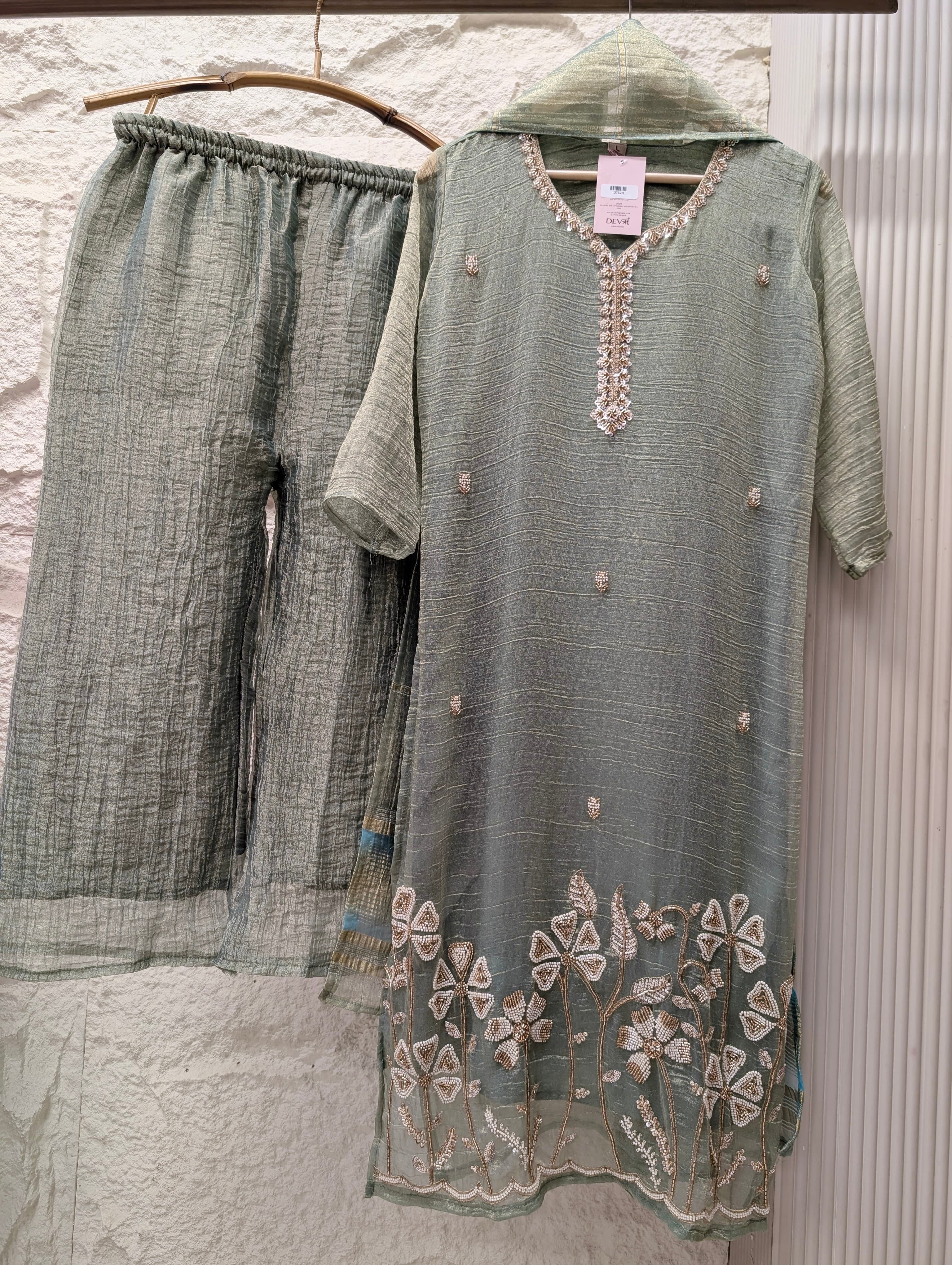 Gulnaar Tissue silk Embroidered Sage Green 3-Piece Set (Devri – D.No 13752)