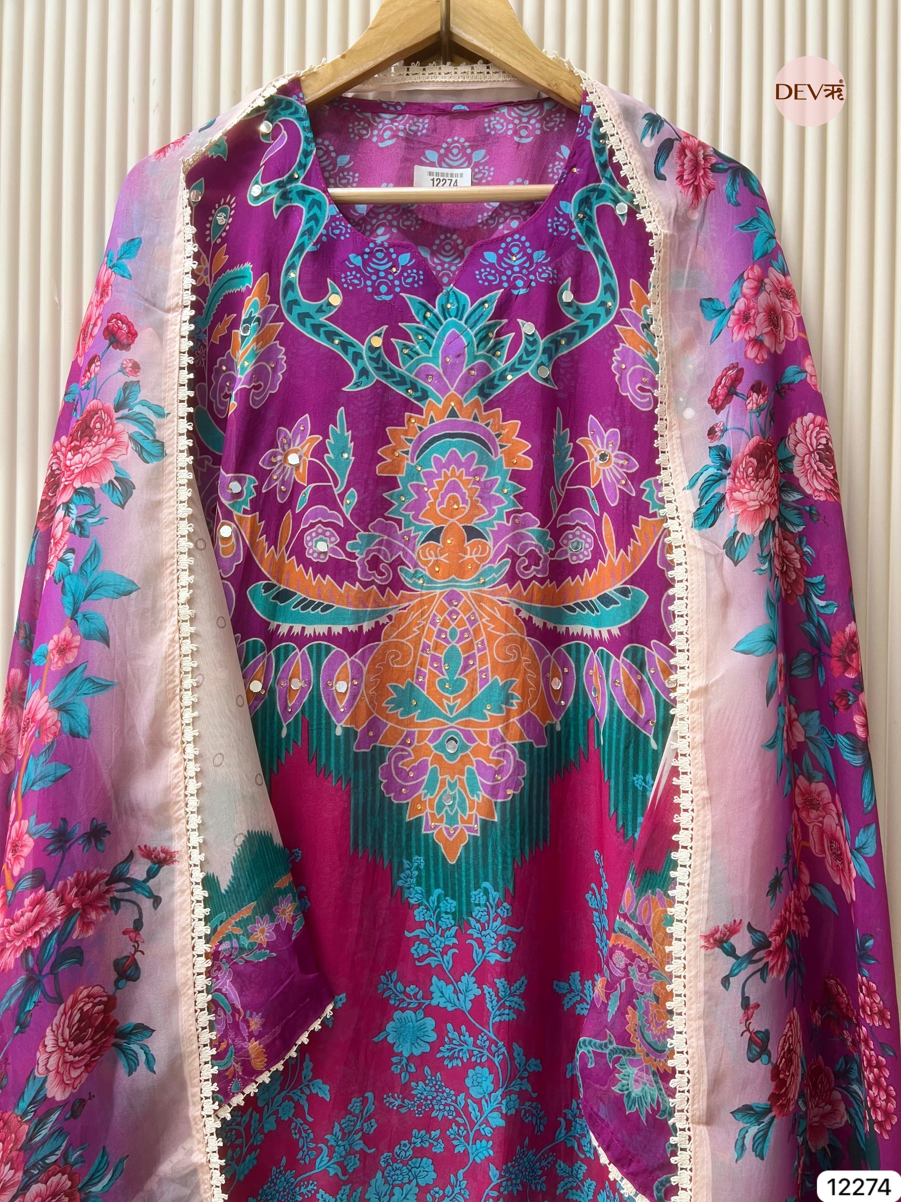 Purple Organza Printed Unstitched 3-Piece Suit (Devri – D.No 12274)