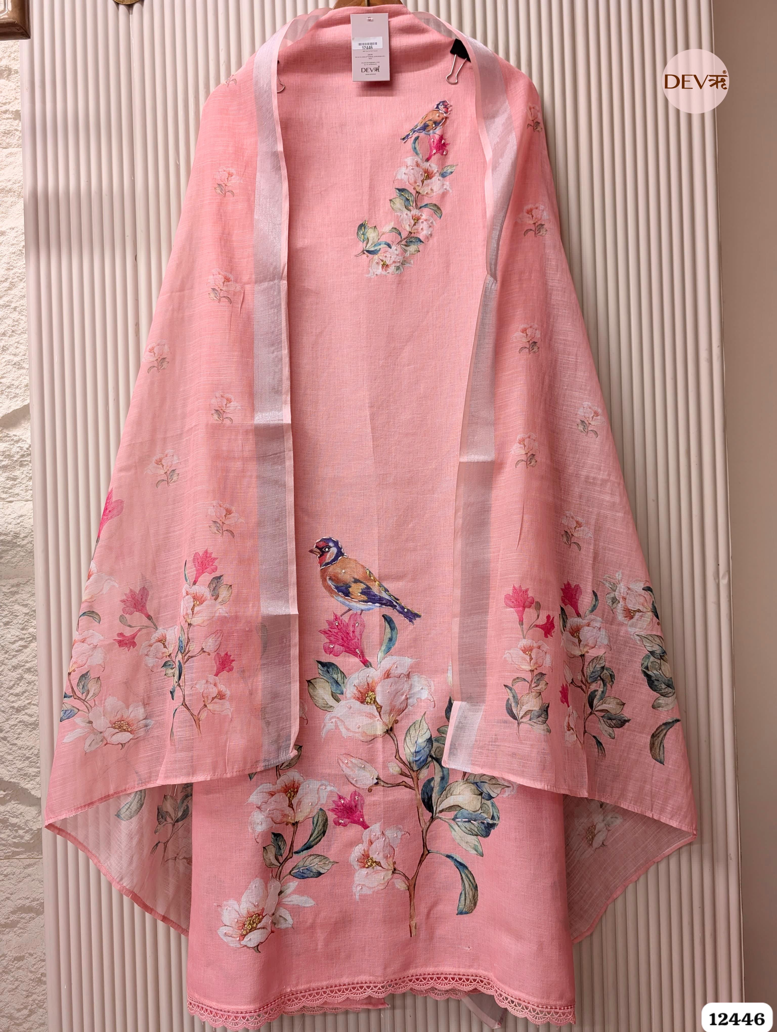 Peach Linen cotton Printed Unstitched 3-Piece Suit (Devri – D.No. 12446)