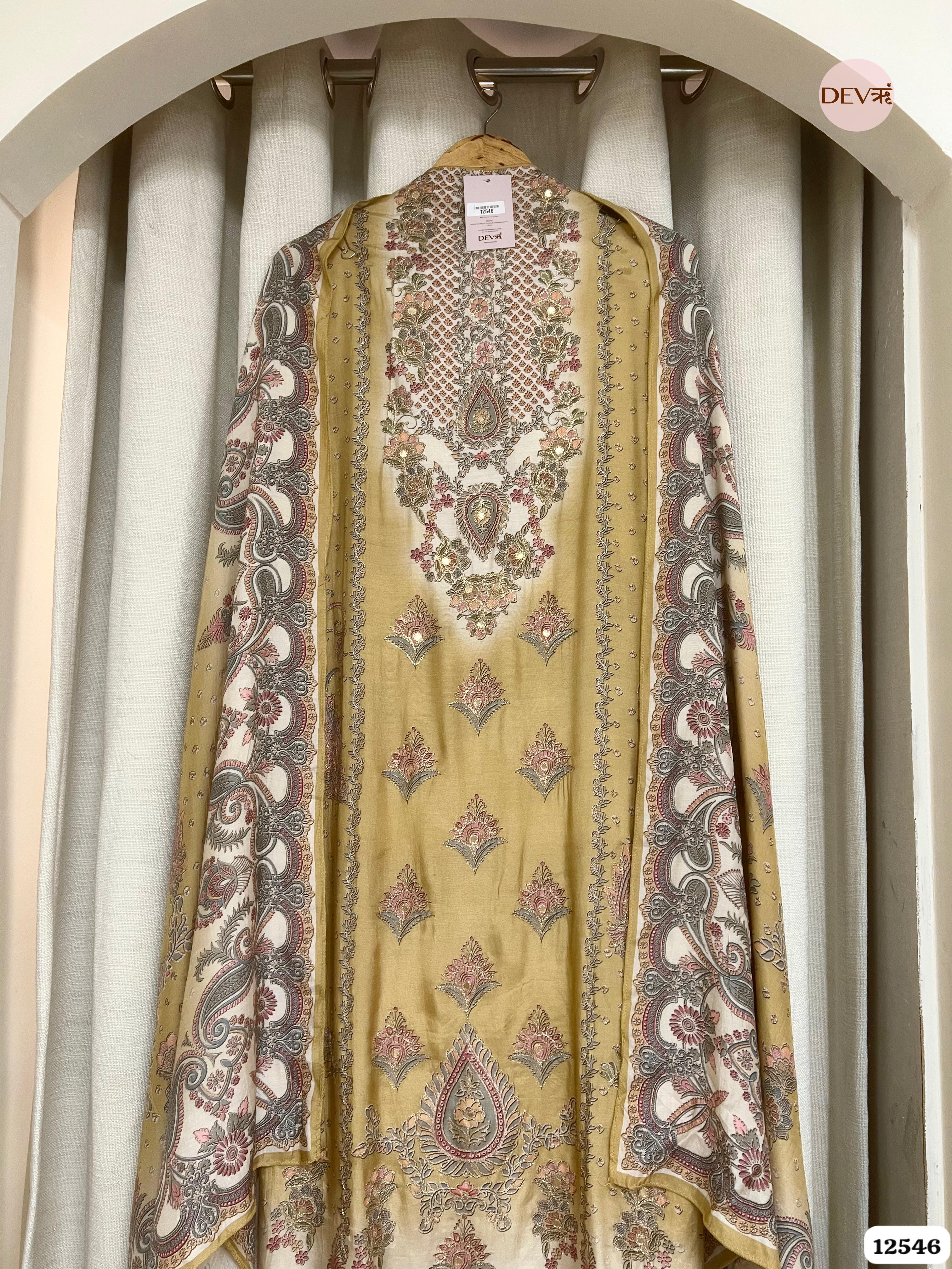 Mustard Muslin Embroidered Unstitched 3-Piece Suit (Devri – D.No 12546)