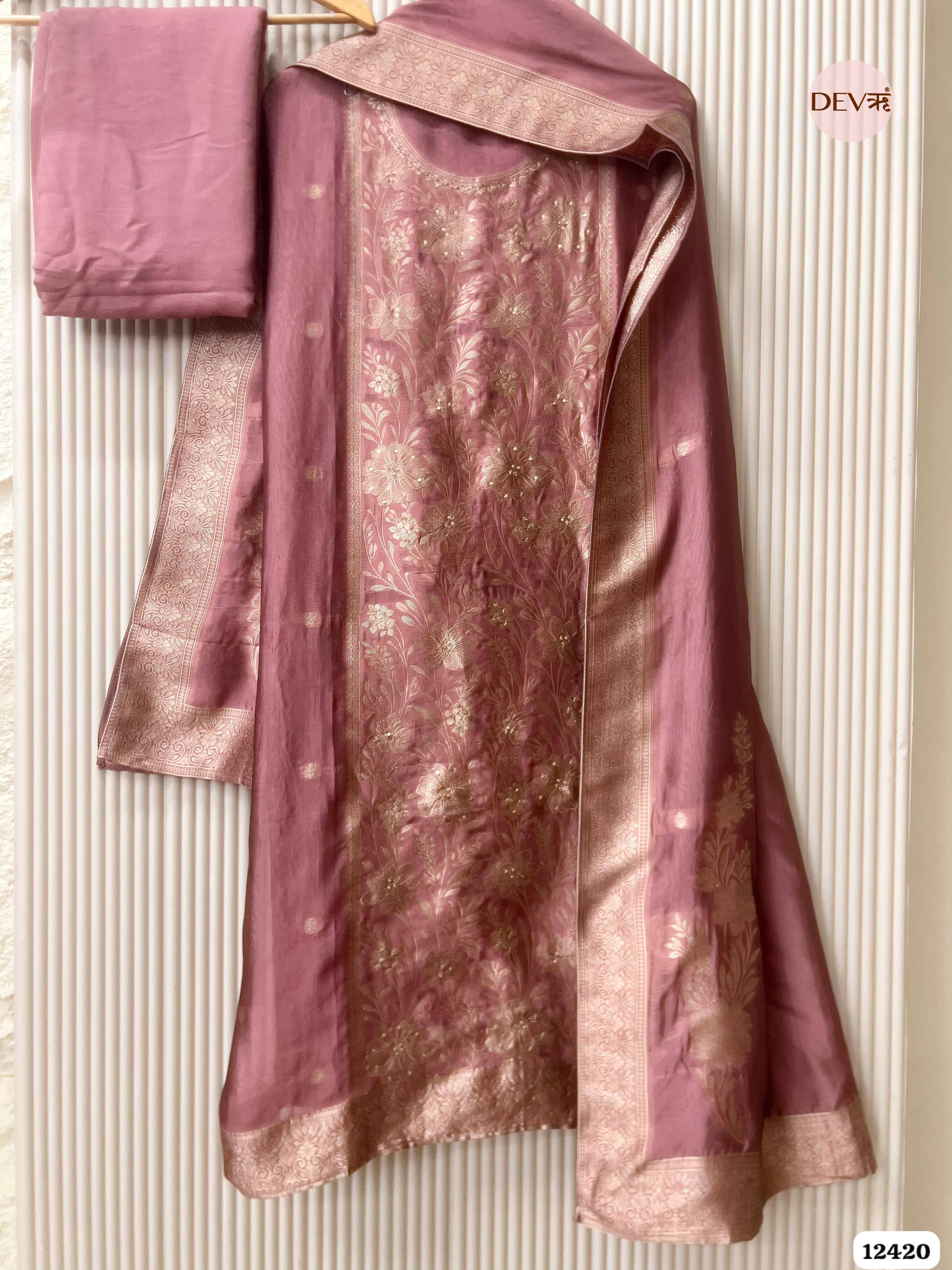 Dusty Rose Banarasi Silk Embroidered Unstitched 3-Piece Suit (Devri – D.No . 12420)