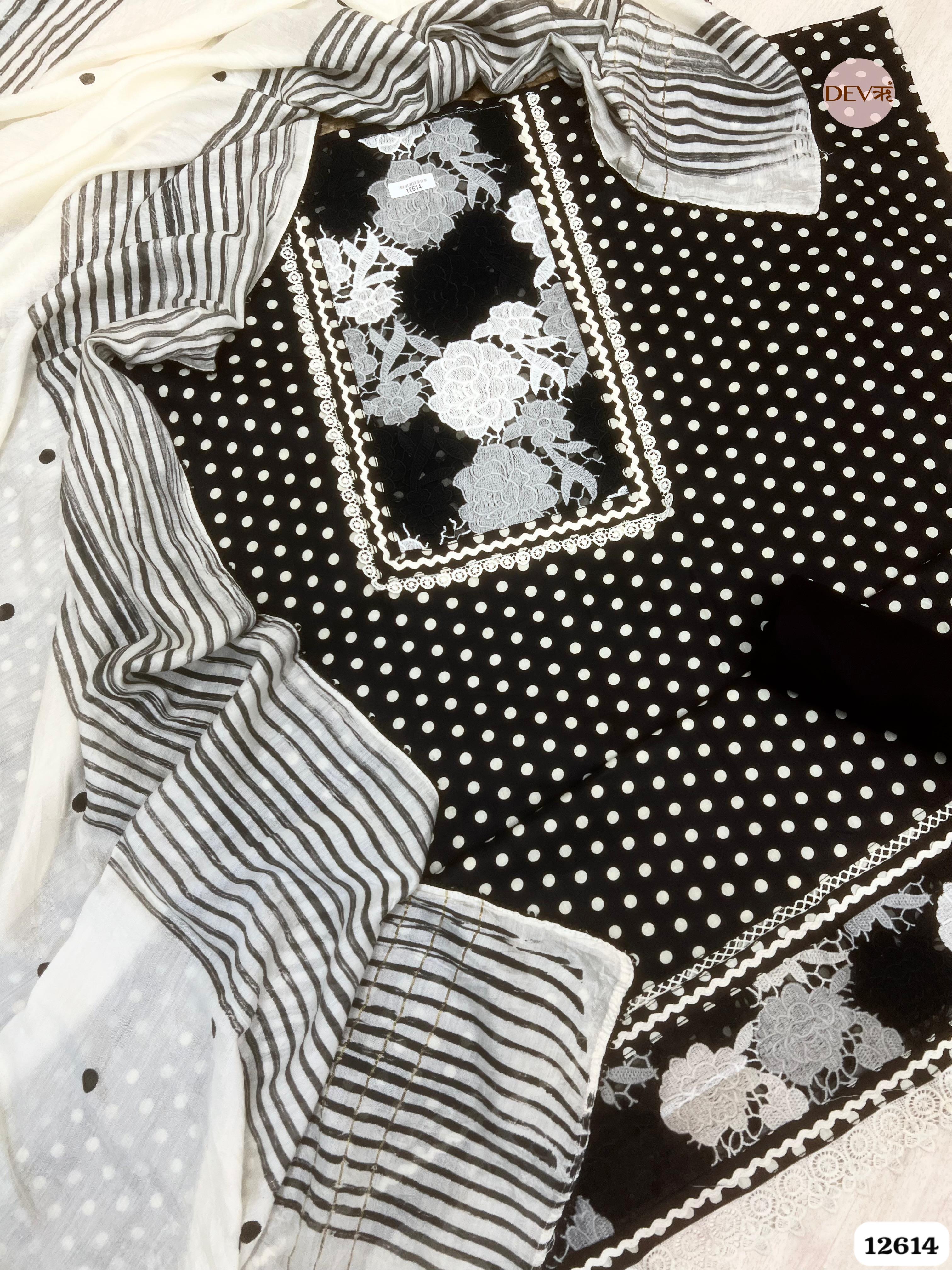 Black and White Cotton Polka Dot Unstitched 3-Piece Suit (Devri – D.No 12614)