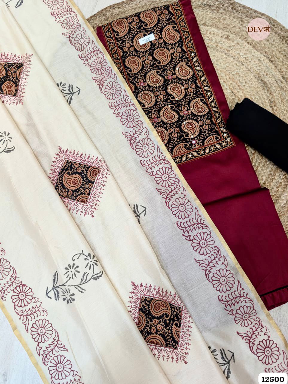 Maroon Cotton Printed Unstitched 3-Piece Suit (Devri – D.No. 12500)