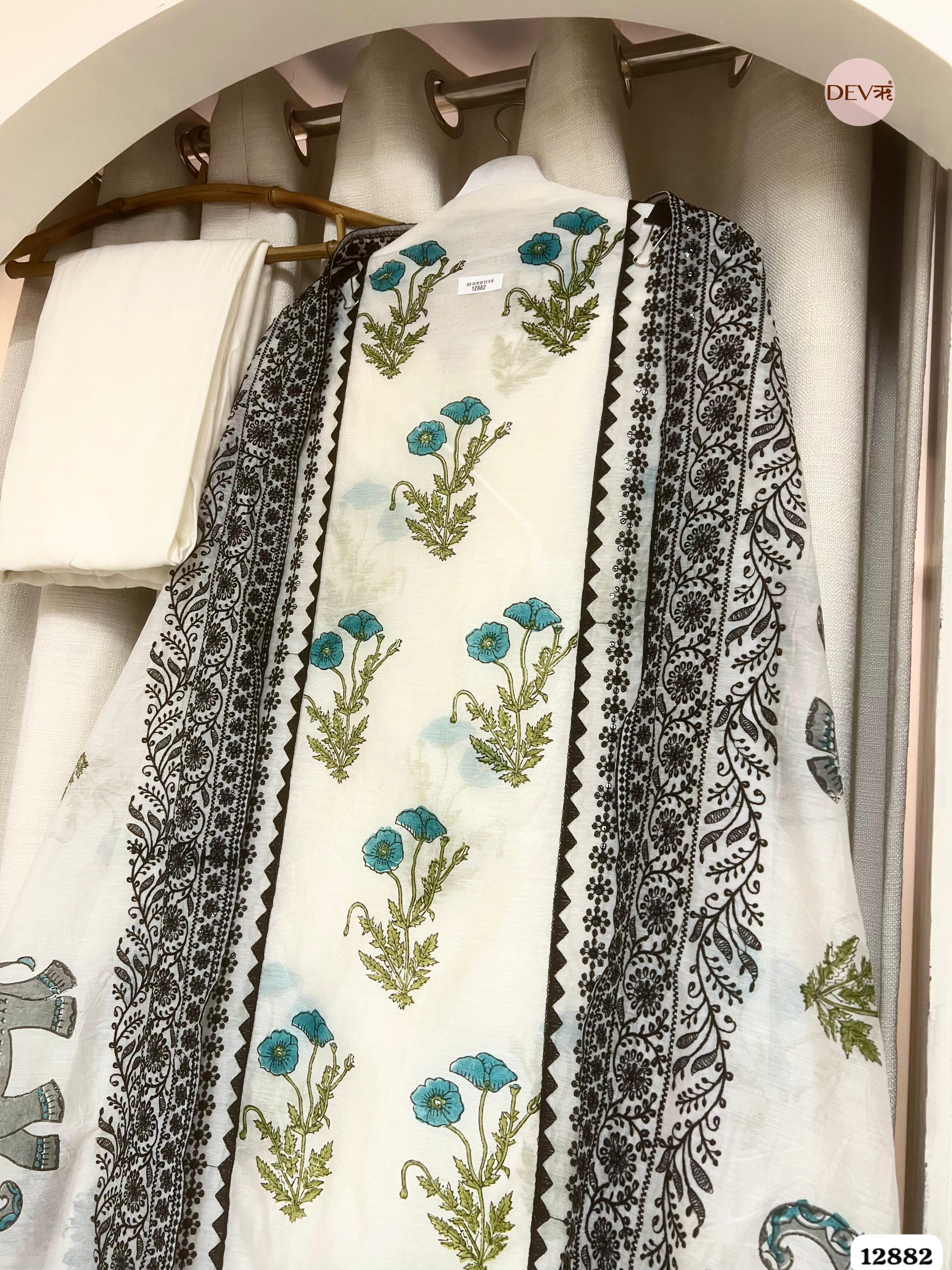 White Mul Chanderi Printed Unstitched 3-Piece Suit (Devri – D.No 12882)