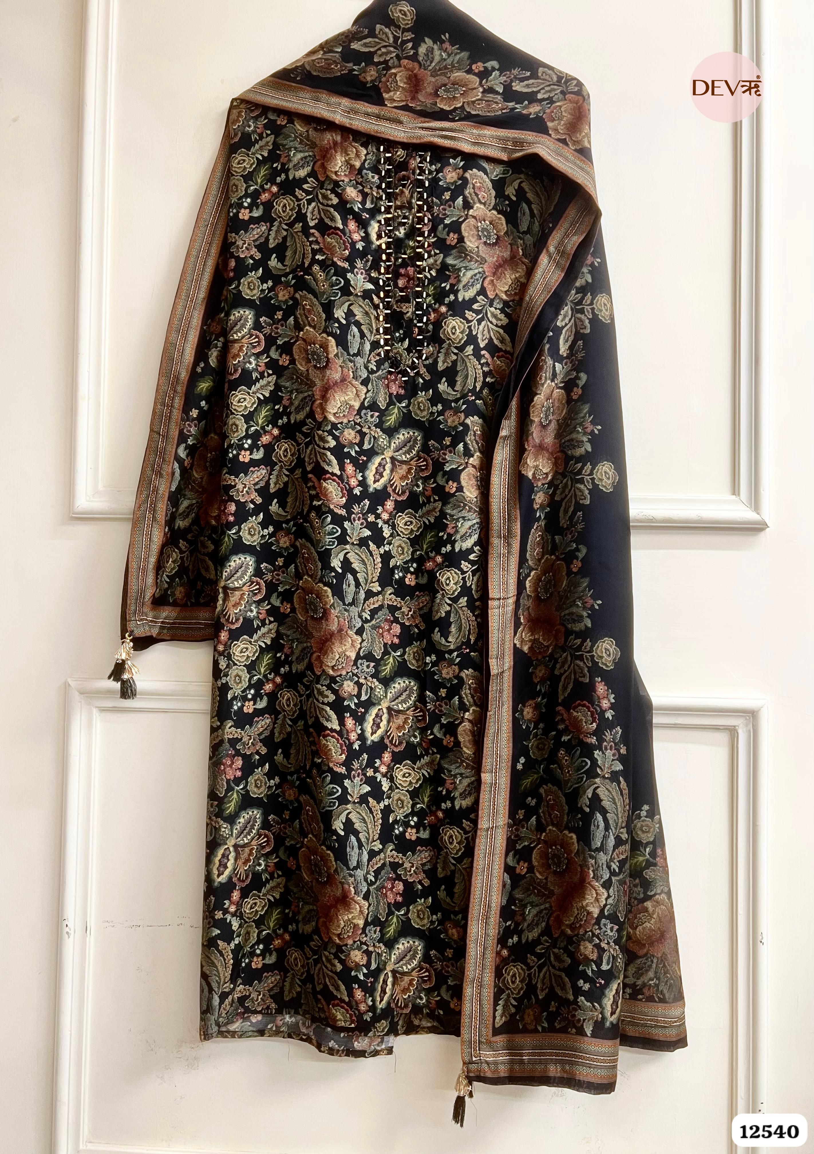 Black Muslin Printed Unstitched 3-Piece Suit (Devri – D.No. 12540)