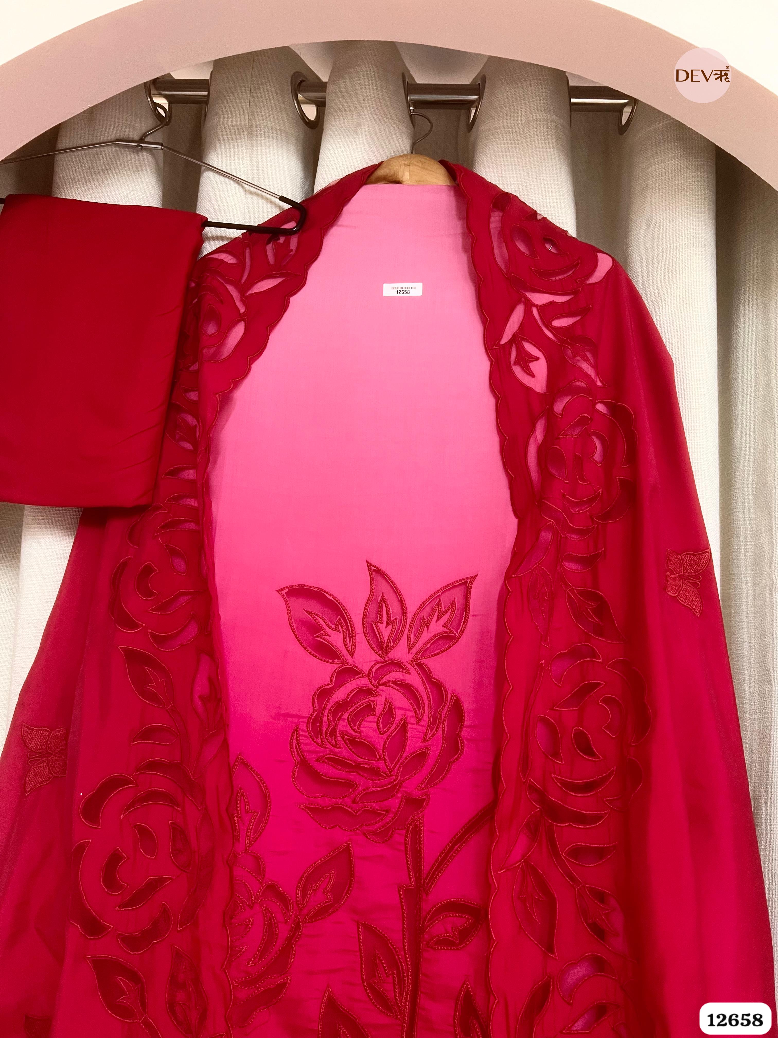 Ombre Pink Mul Chanderi Embroidered Unstitched 3-Piece Suit (Devri – D.No 12658)