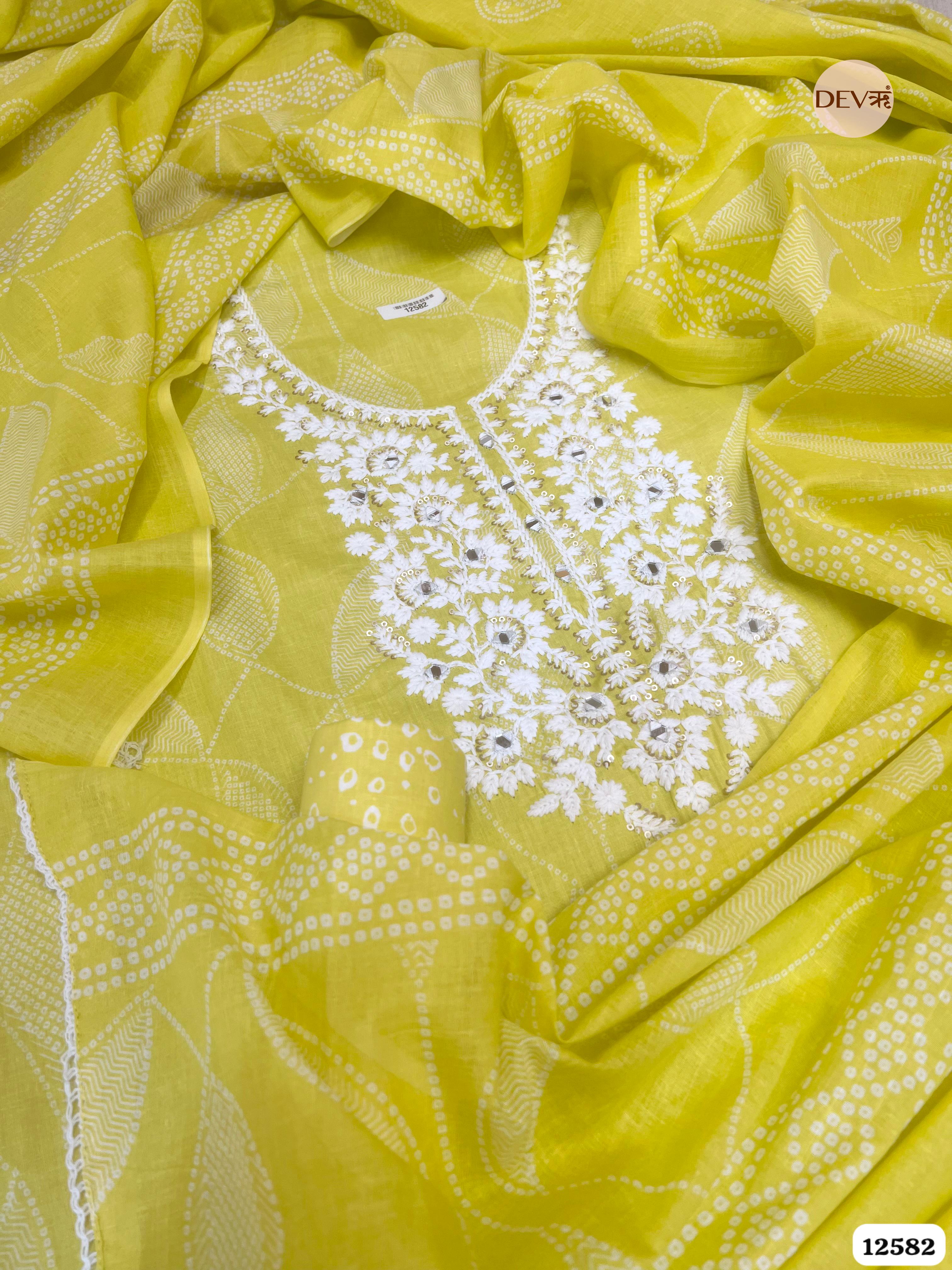 Sunshine Yellow Cotton Embroidered Unstitched 3-Piece Suit (Devri – D.No 12582)