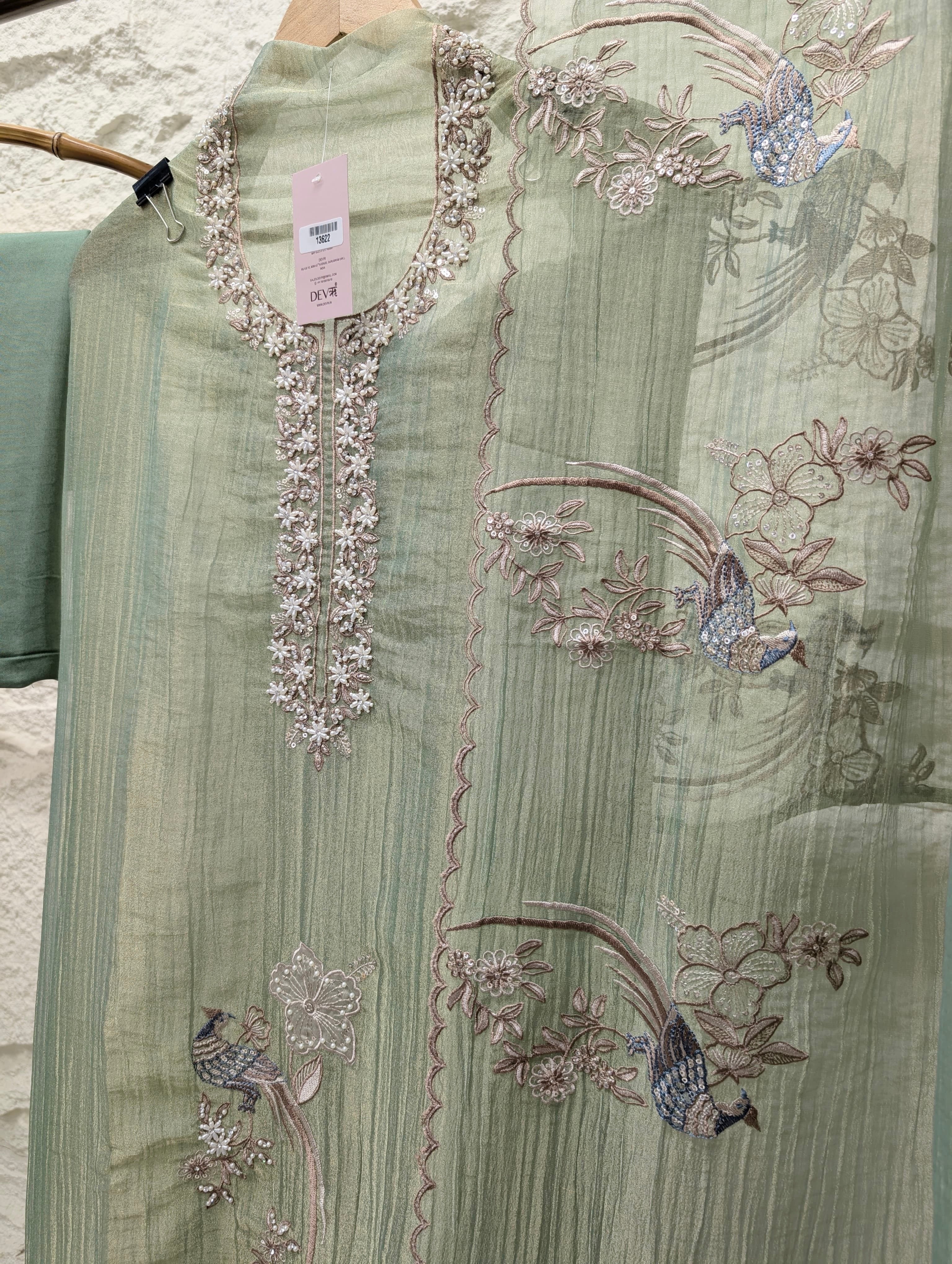 Green Tissue Crush Silk Embroidered Unstitched 3-Piece Suit (Devri – D.No 13622)