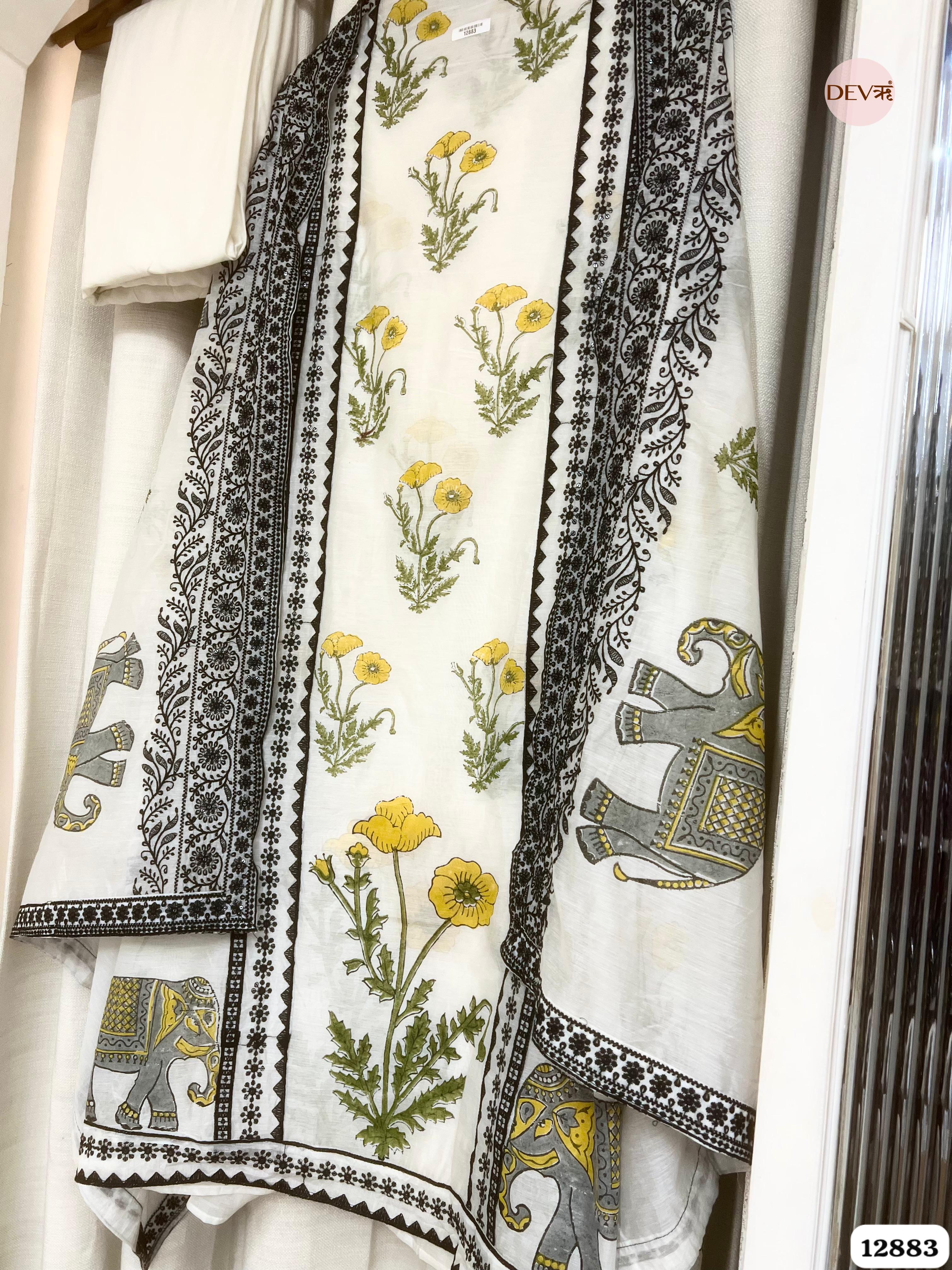 White Mul Chanderi Printed Unstitched 3-Piece Suit (Devri – D.No 12883)