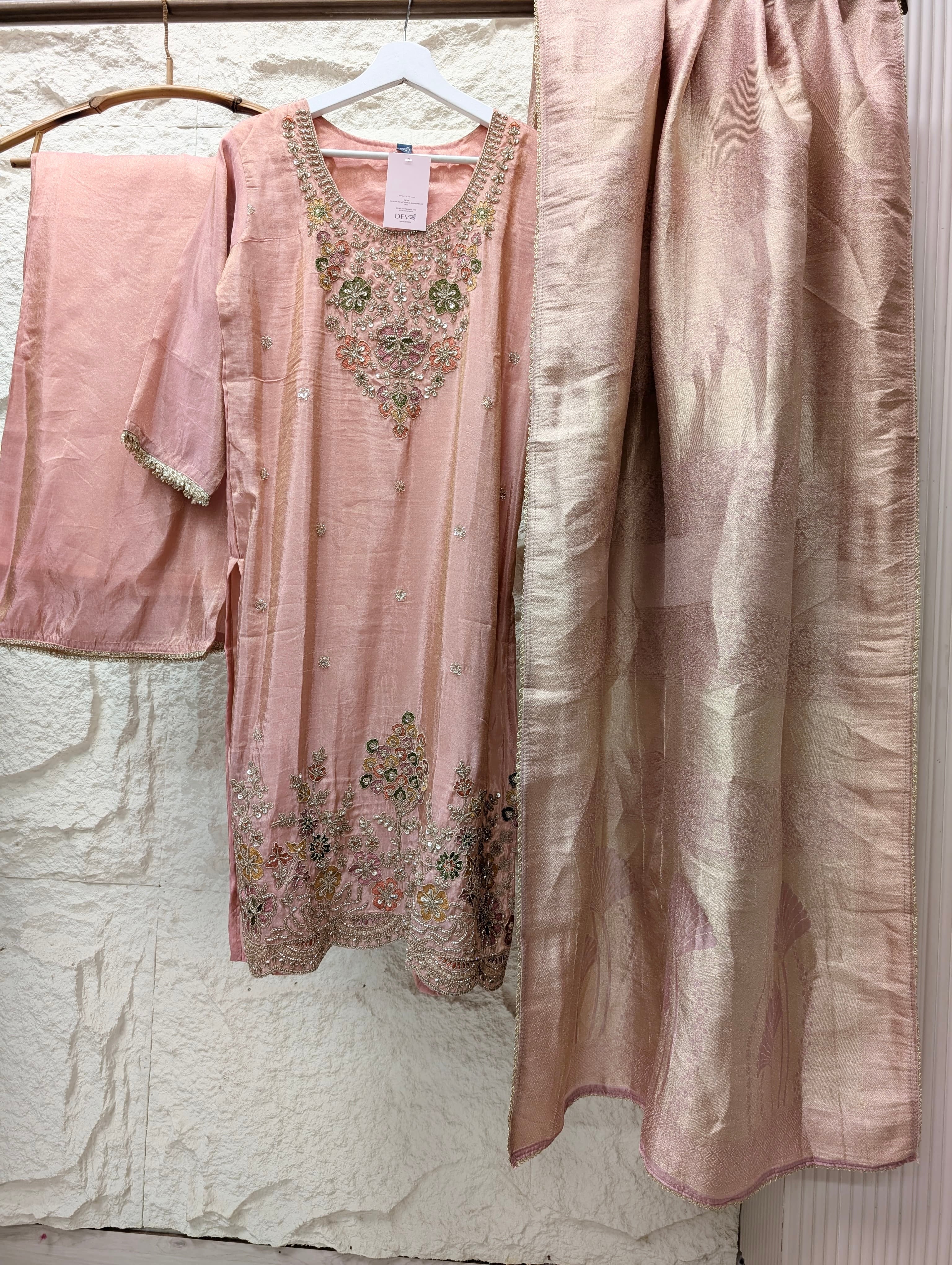 Gulnaar Tissue silk Embroidered Blush Pink 3-Piece Set (Devri – D.No 13794)