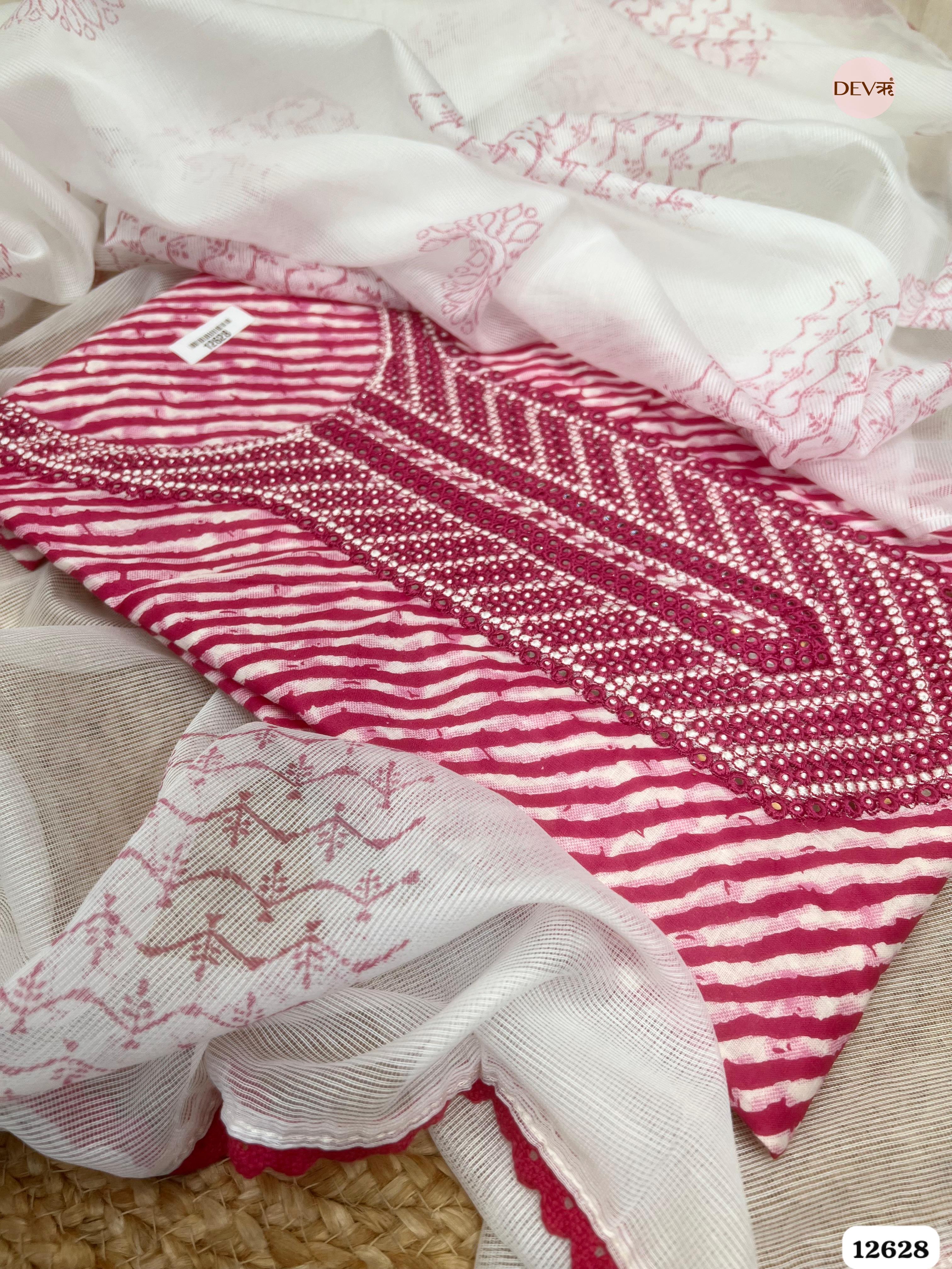 Magenta Pink Cotton Printed & Embroidered Unstitched 3-Piece Suit (Devri – D.No. 12628)