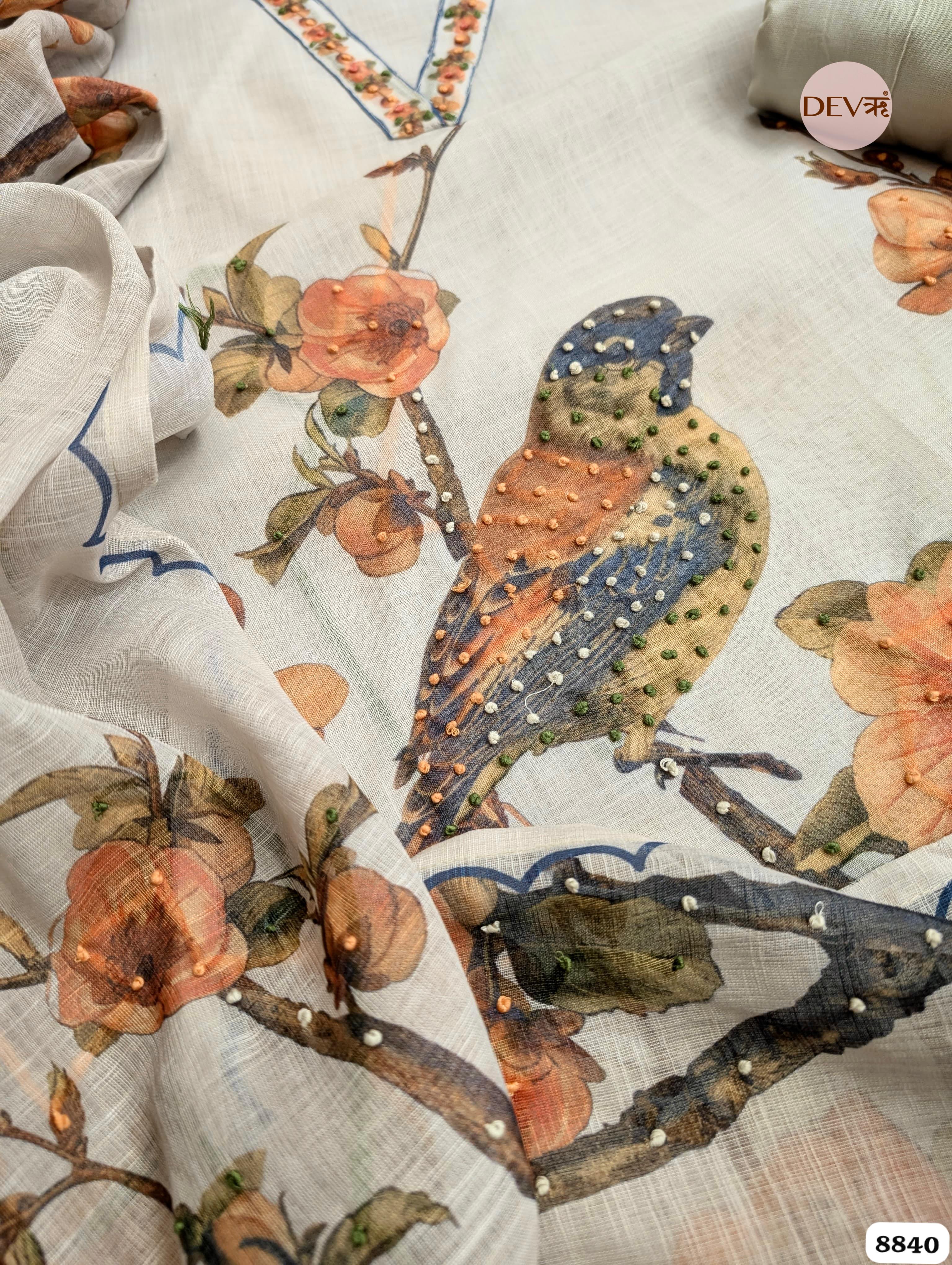 Grey Linen Printed Unstitched 3-Piece Suit (Devri – D.No. 8840)