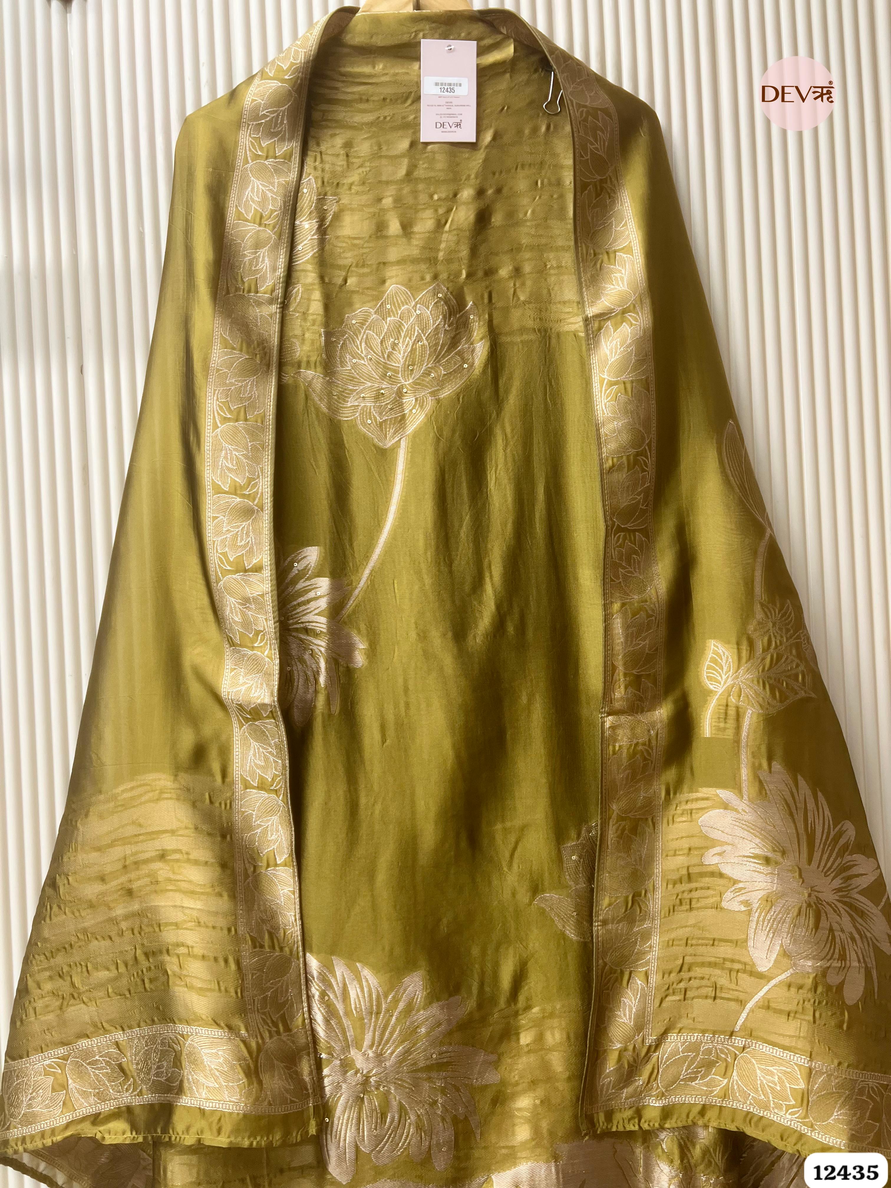 Olive Green Banarasi Silk Printed Unstitched 3-Piece Suit (Devri – D.No. 12435)