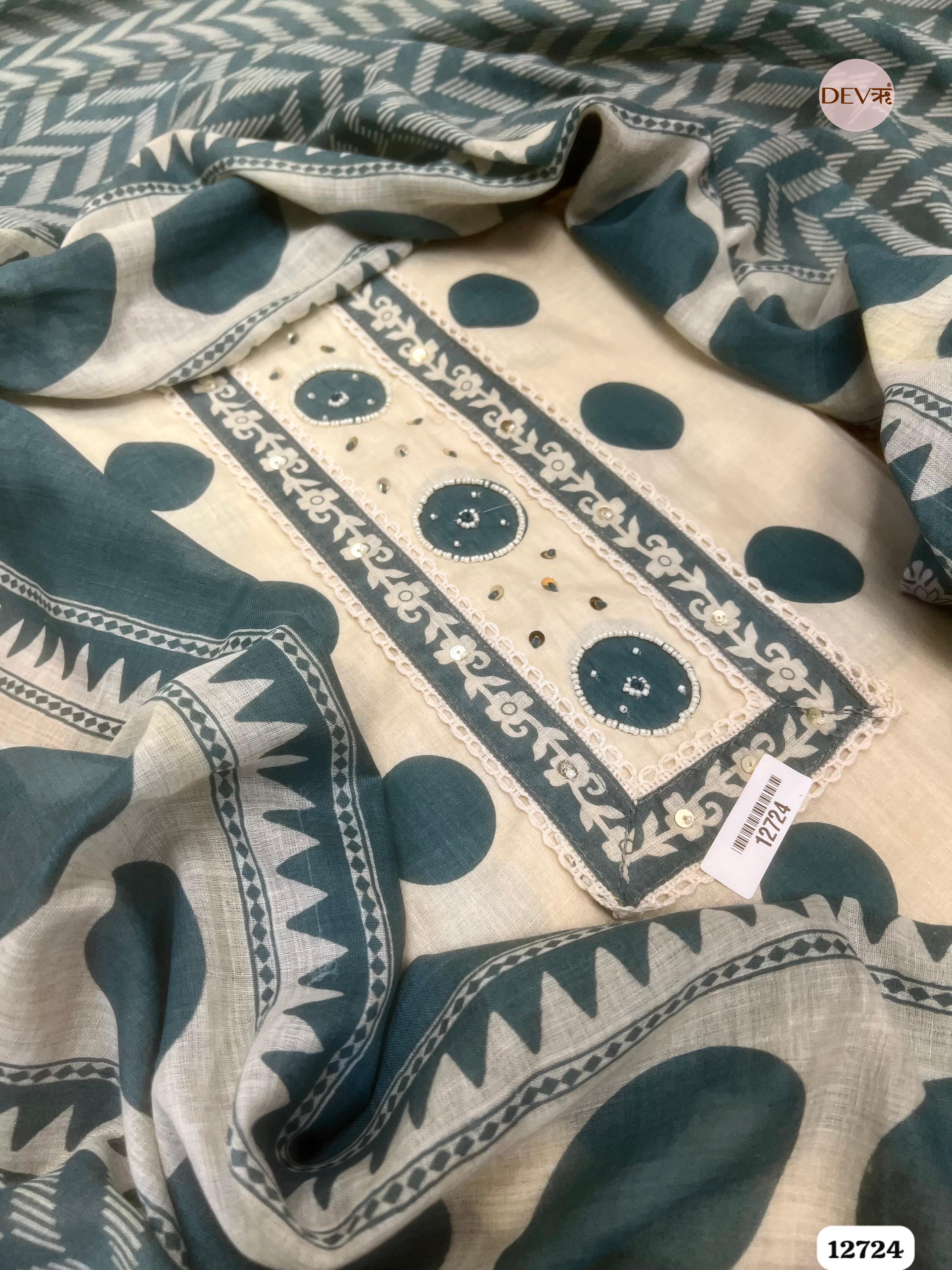 Teal Blue Cotton Printed Unstitched 3-Piece Suit (Devri – D.No 12724)