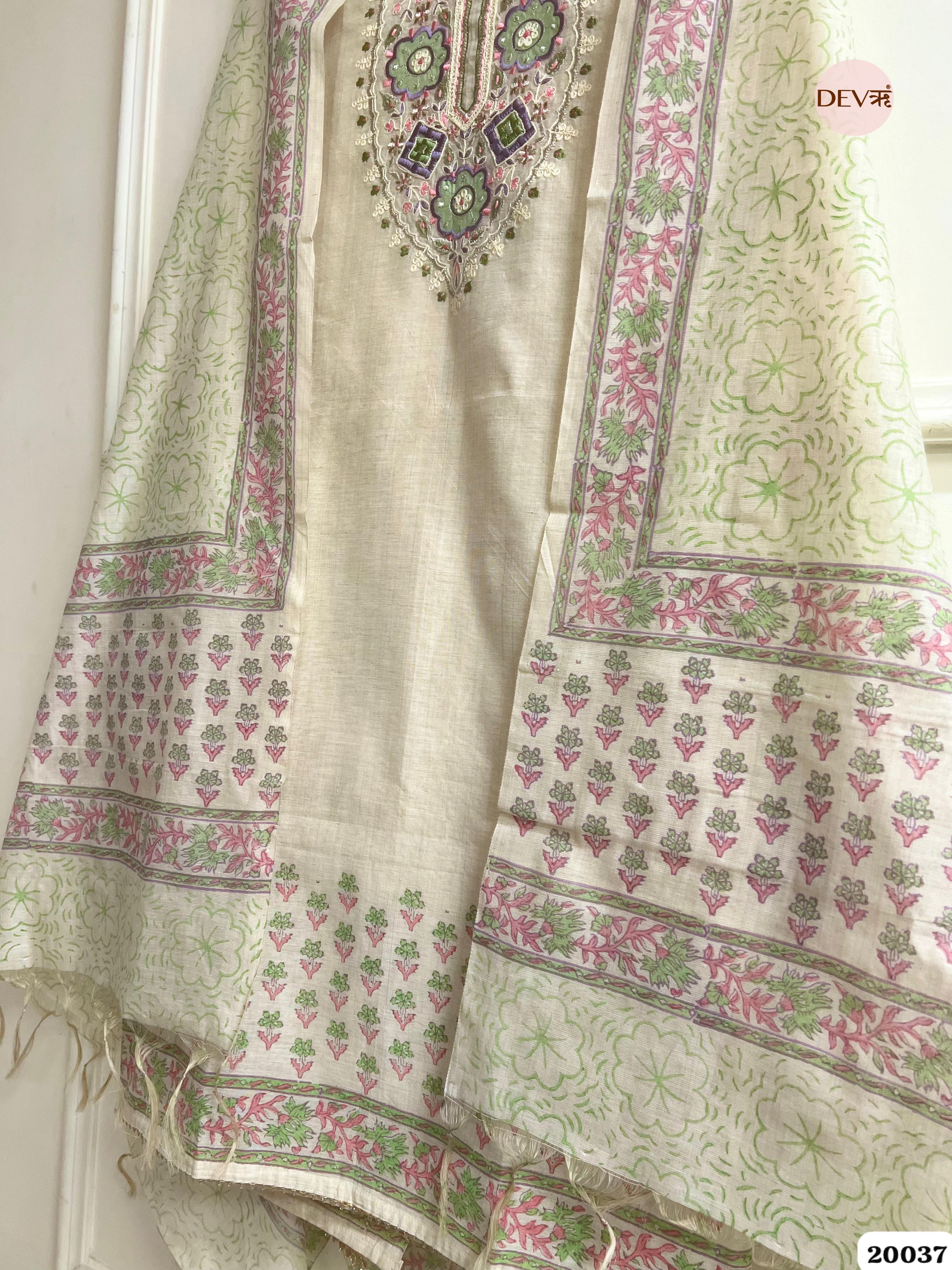 Ivory Pure Linen Embroidered Unstitched 3-Piece Suit (Devri – D.No. 20037)