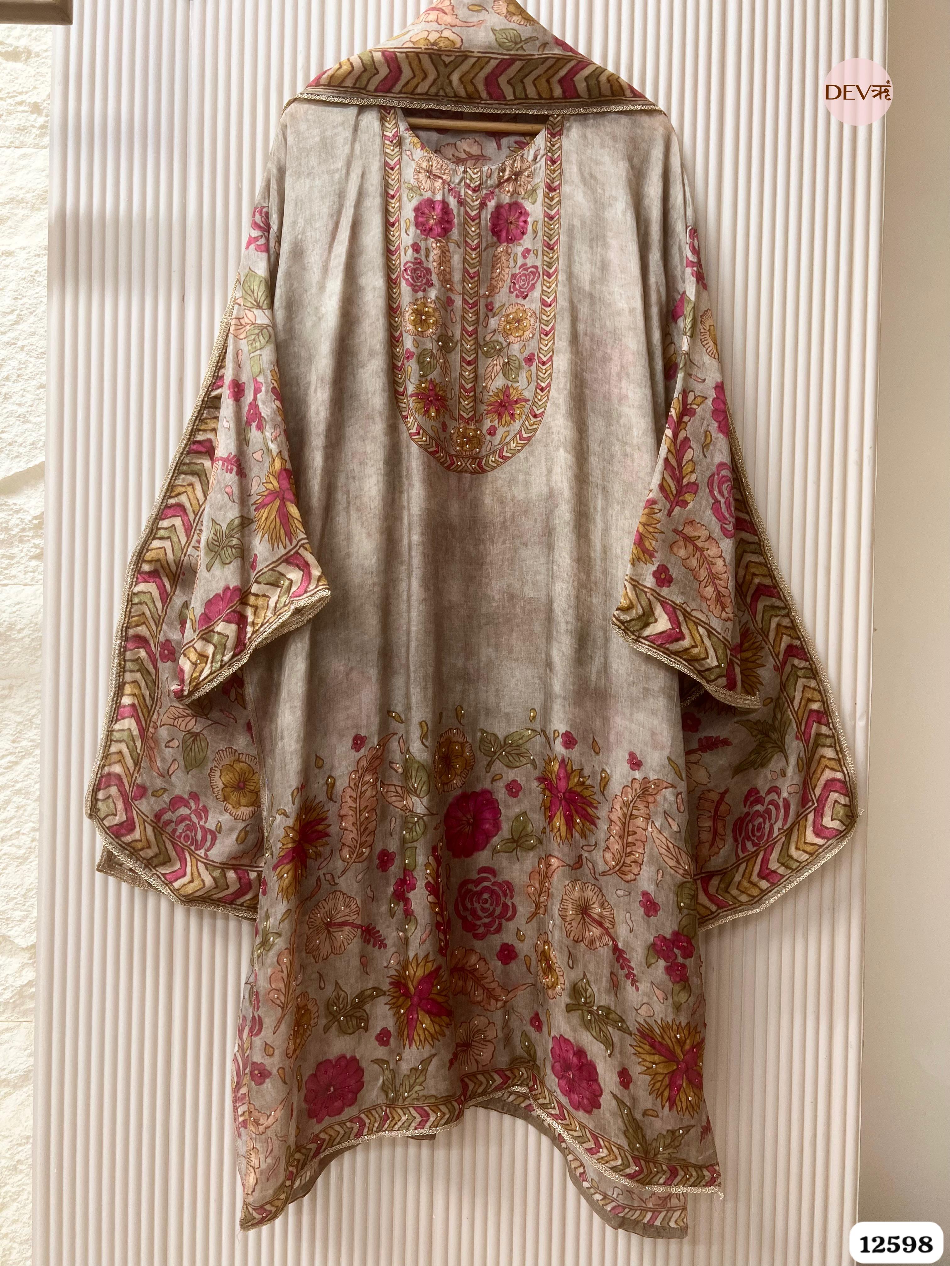 Beige Muslin Floral Printed Unstitched 3-Piece Suit (Devri – D.No 12598)