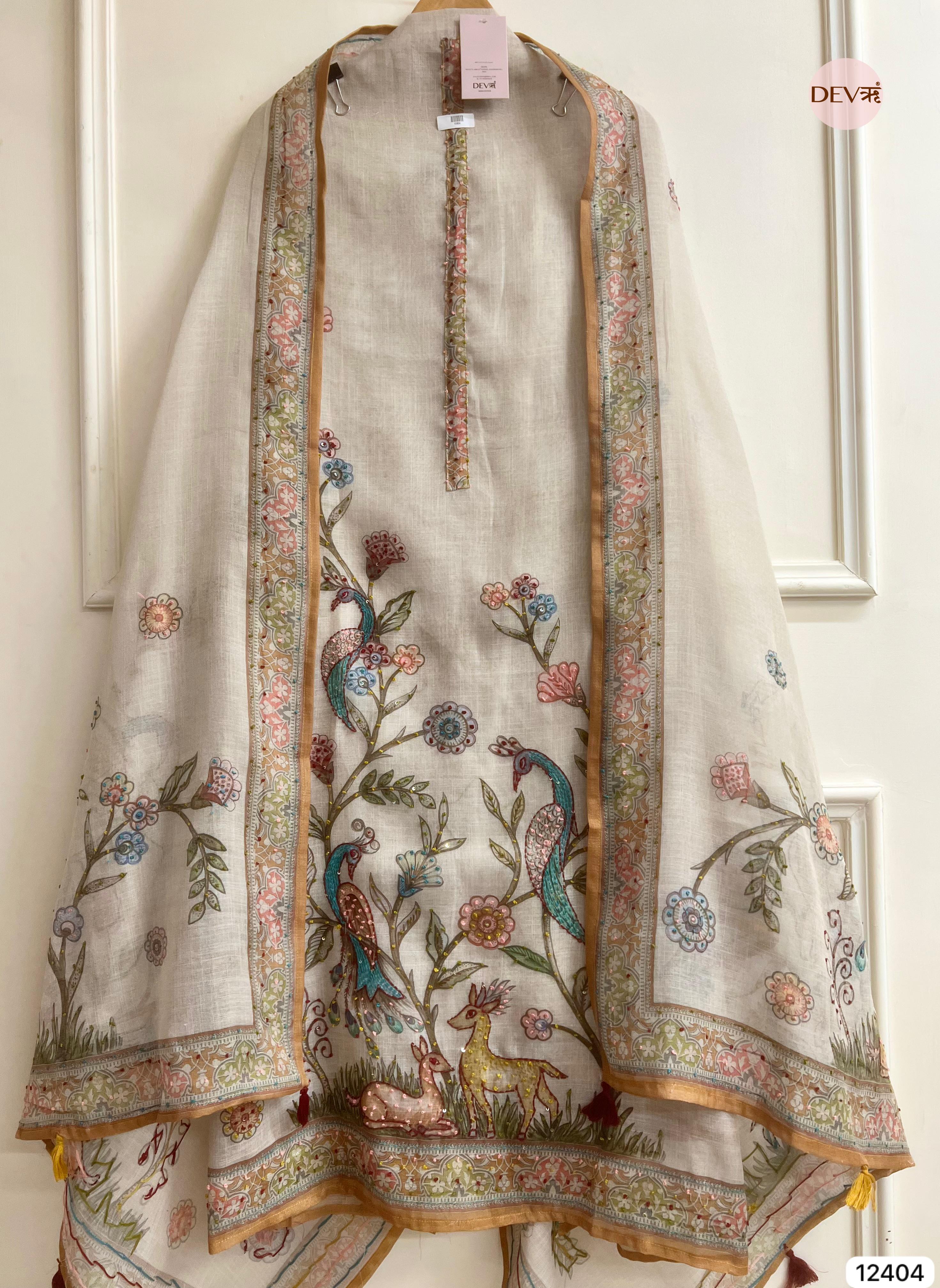 Beige Pure Linen Cotton Printed Unstitched 3-Piece Suit (Devri – D.No 12404)