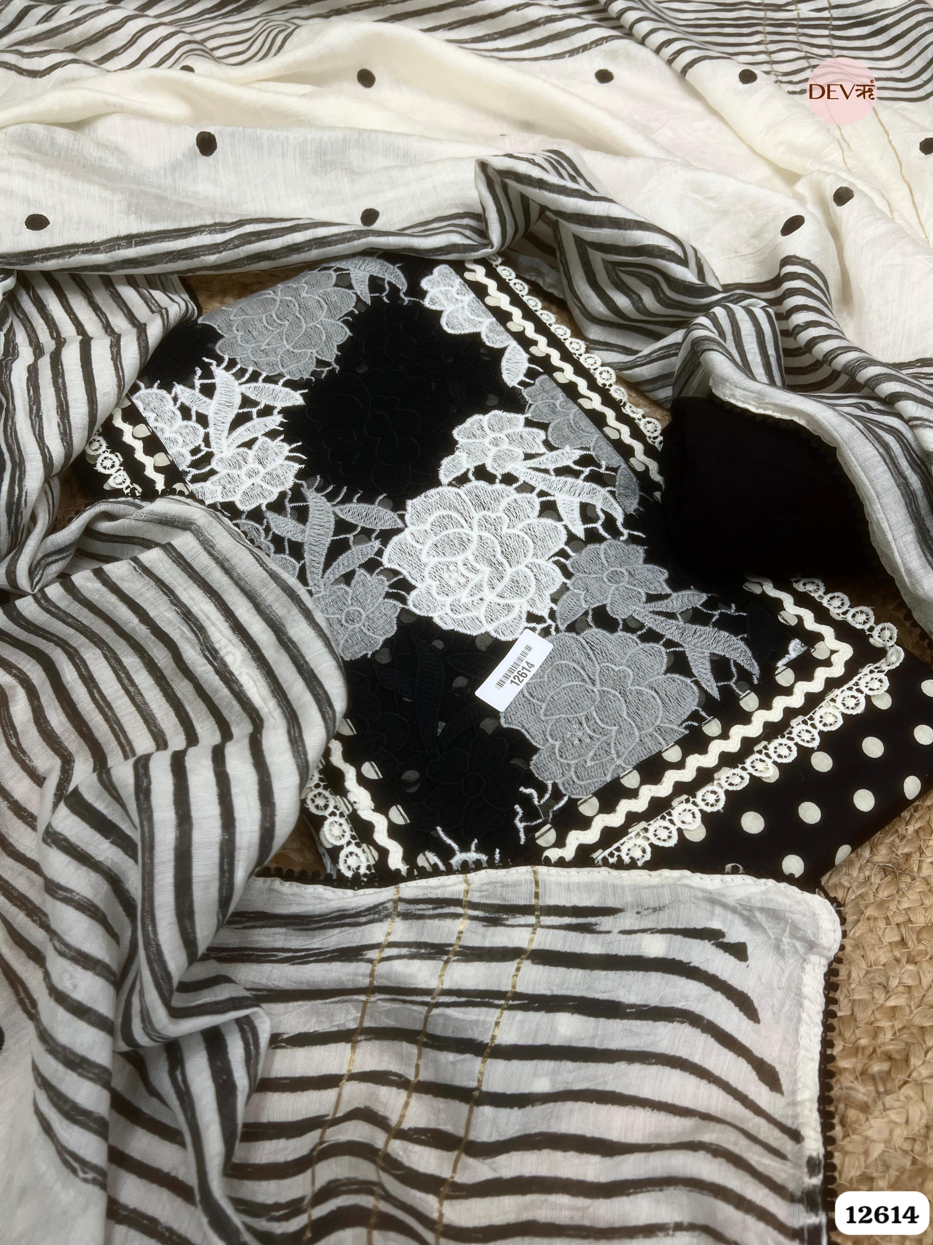 Black and White Cotton Polka Dot Unstitched 3-Piece Suit (Devri – D.No 12614)
