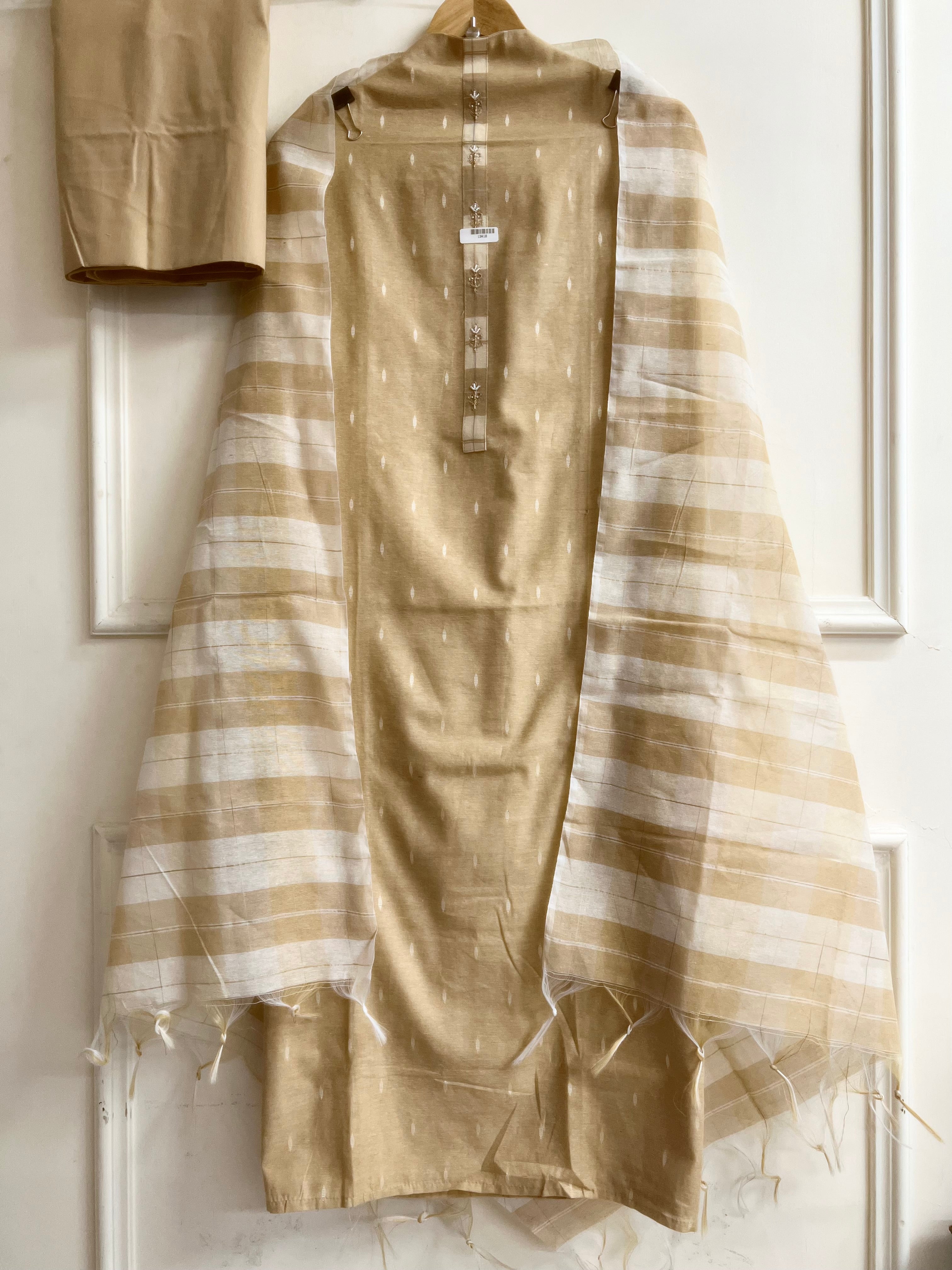 Beige Handloom Cotton Printed Unstitched 3-Piece Suit (Devri – D.No 13410)