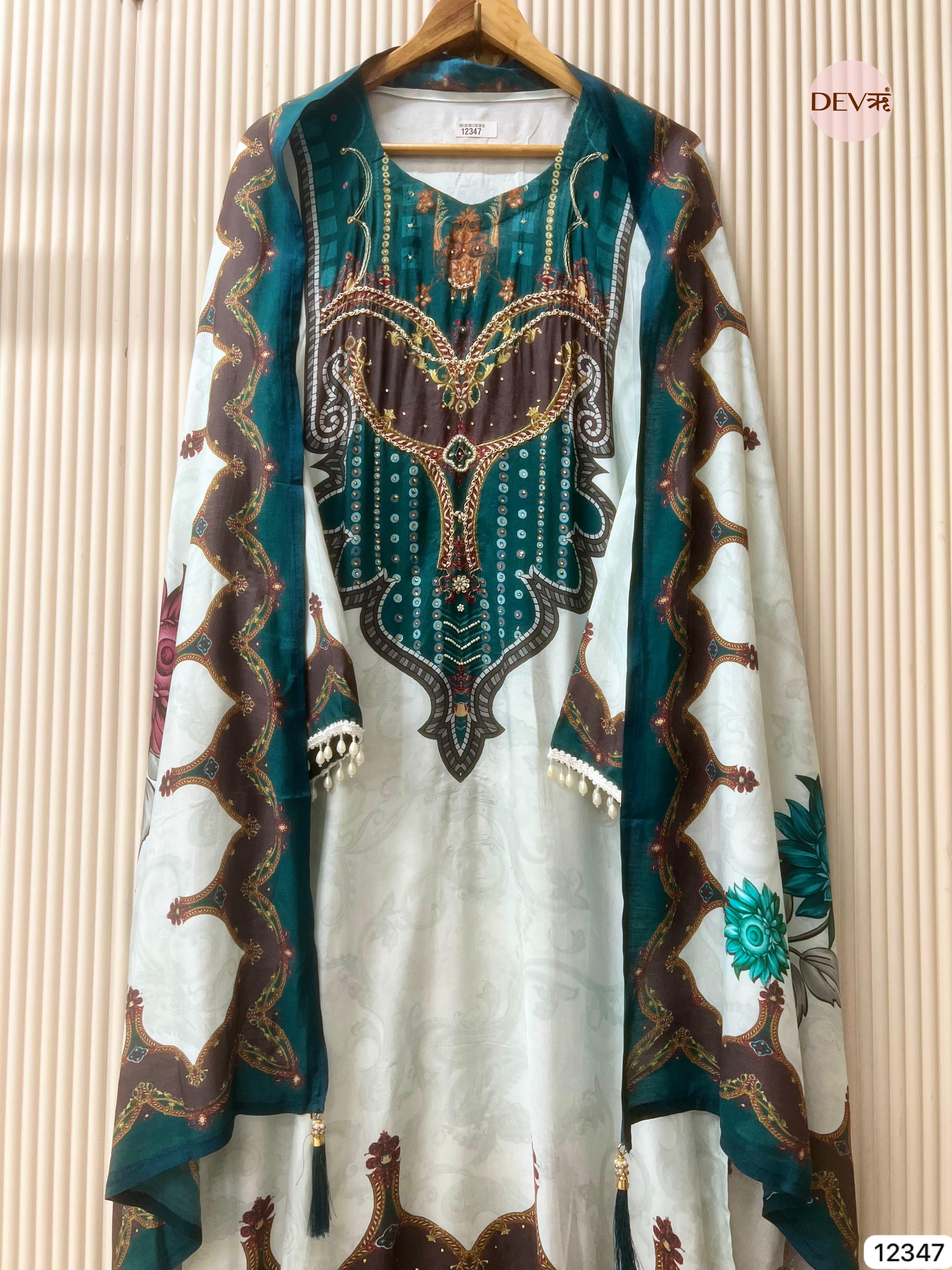 Teal Ivory Muslin Printed Unstitched 3-Piece Suit (Devri – D.No 12347)