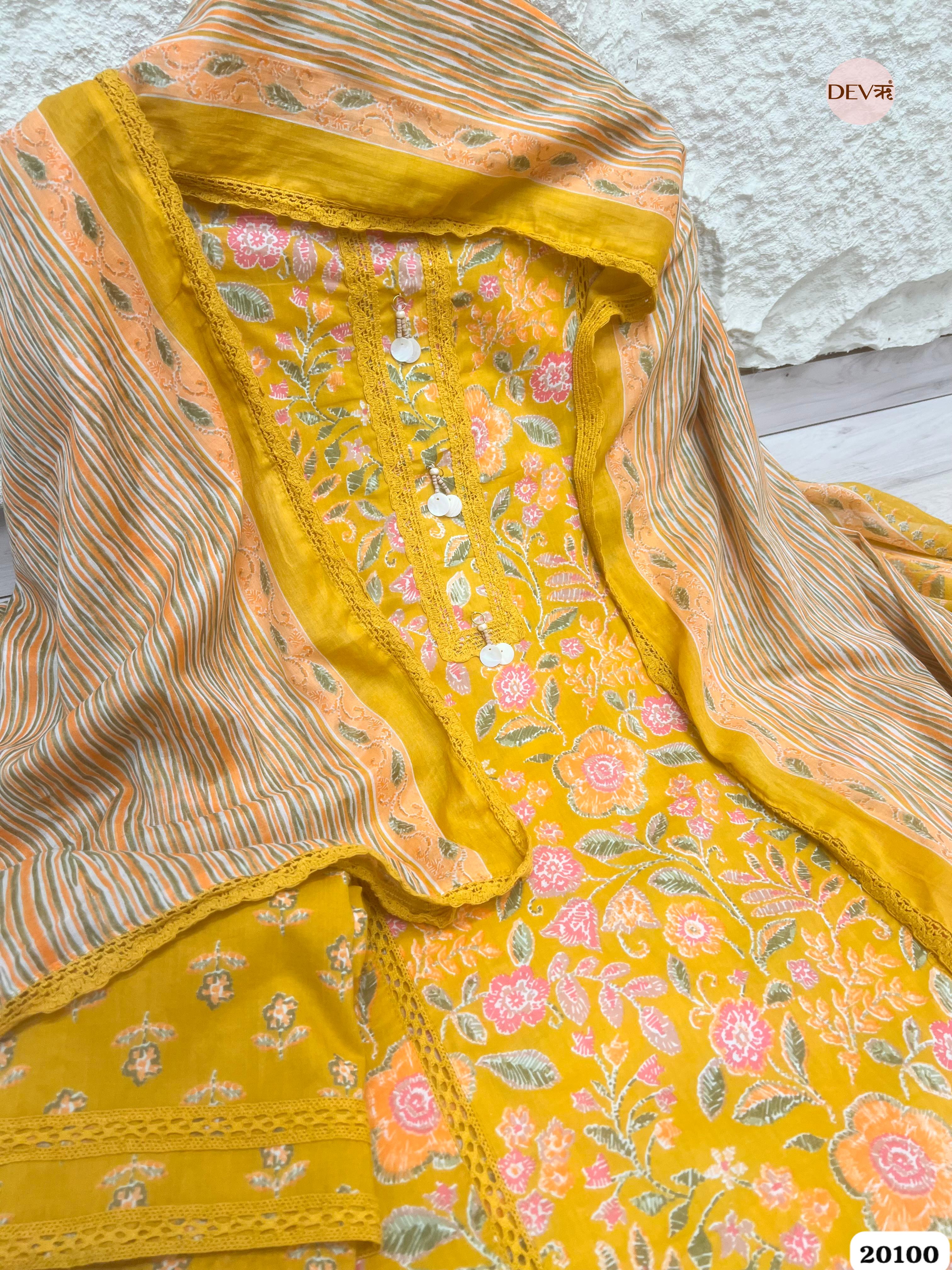 Mustard Yellow Cotton Printed Unstitched 3-Piece Suit (Devri – D.No 20100)
