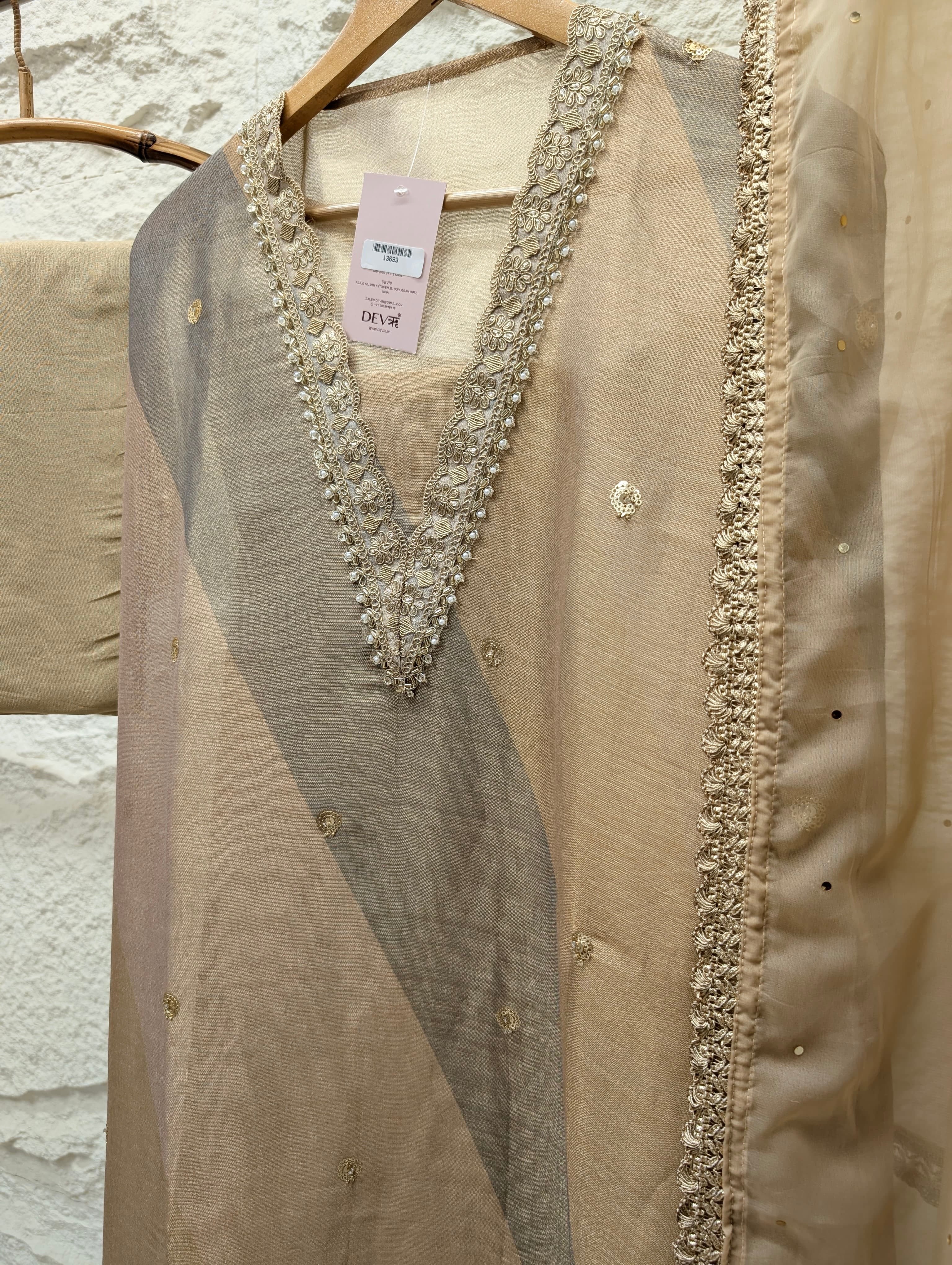 Beige Tissue Silk Embroidered Unstitched 3-Piece Suit (Devri – D.No 13693)