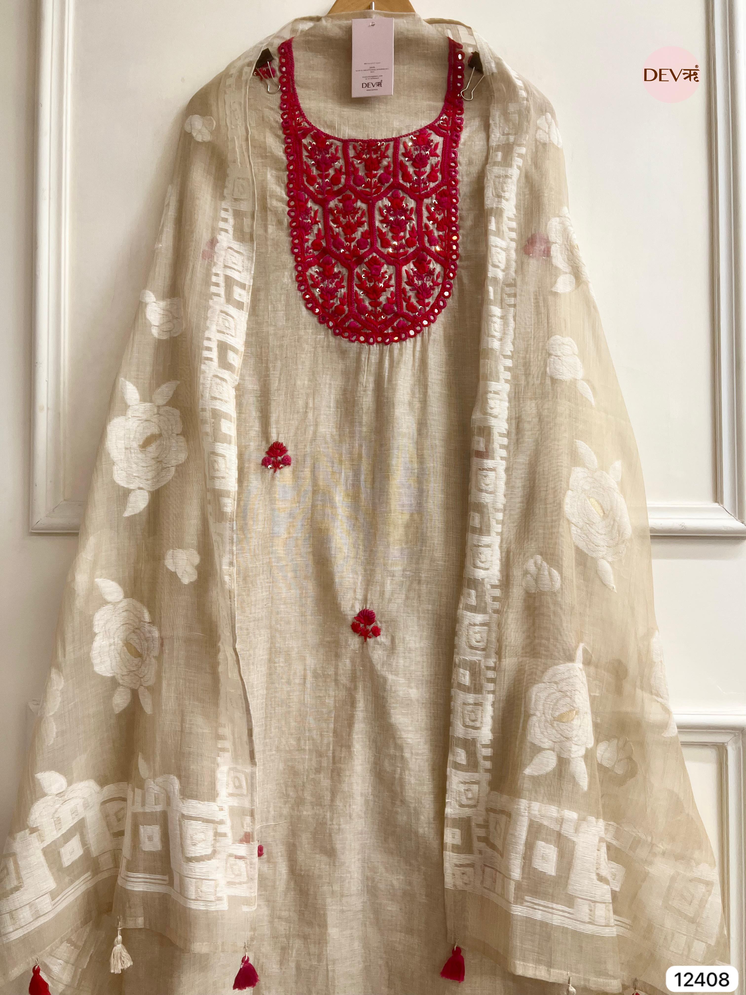 Beige Mul Chanderi Embroidered Unstitched 3-Piece Suit (Devri – D.No 12408)