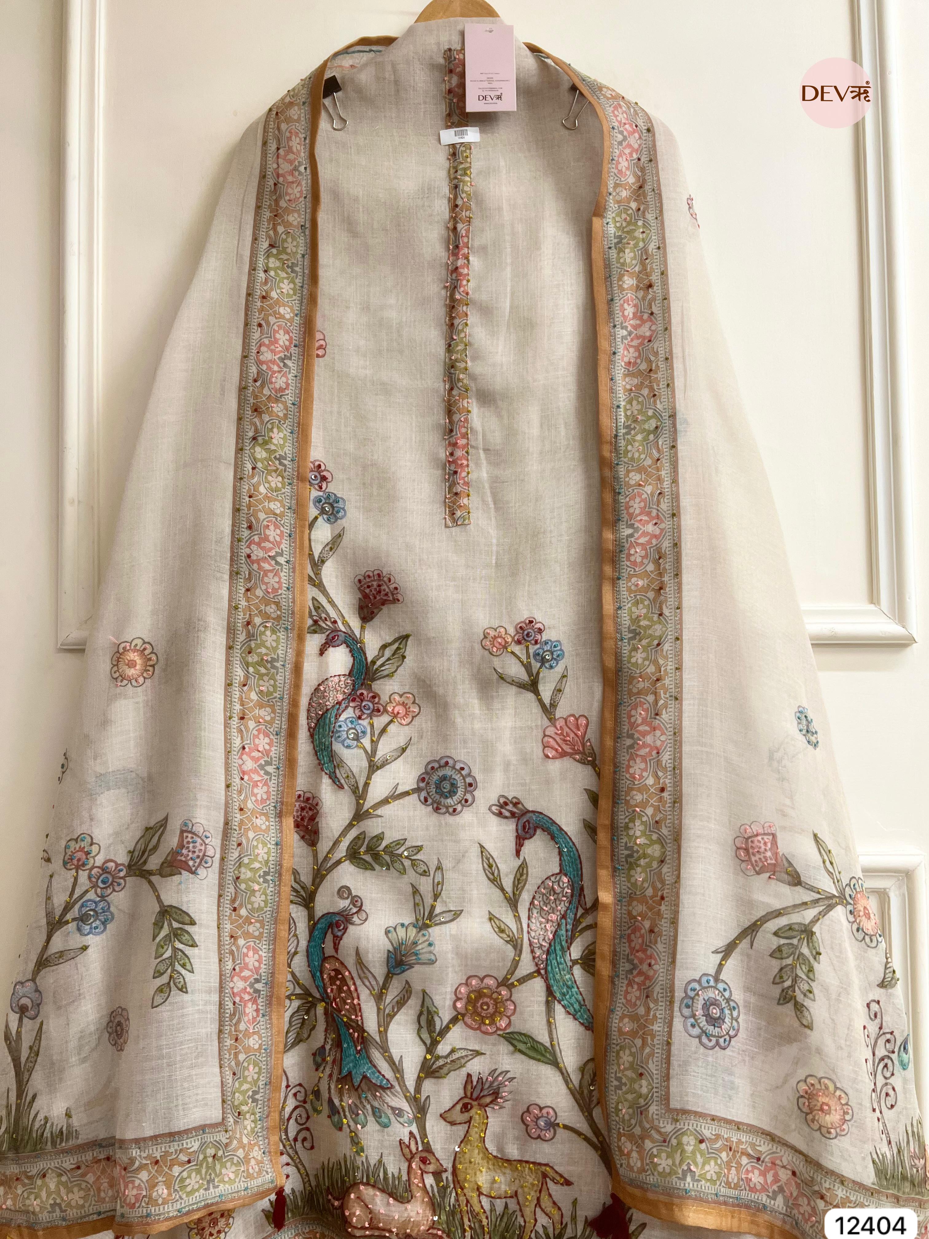 Beige Pure Linen Cotton Printed Unstitched 3-Piece Suit (Devri – D.No 12404)